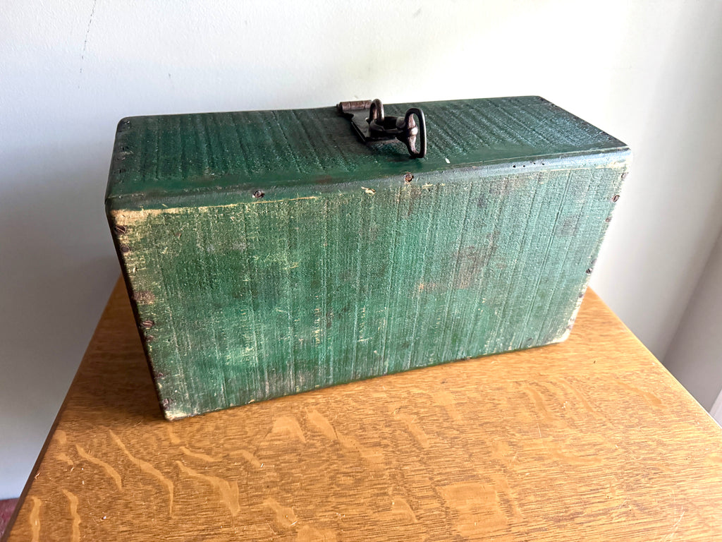 Early 1900's Wood Small Tool Chest | Green Wooden Tool Box With Caddy