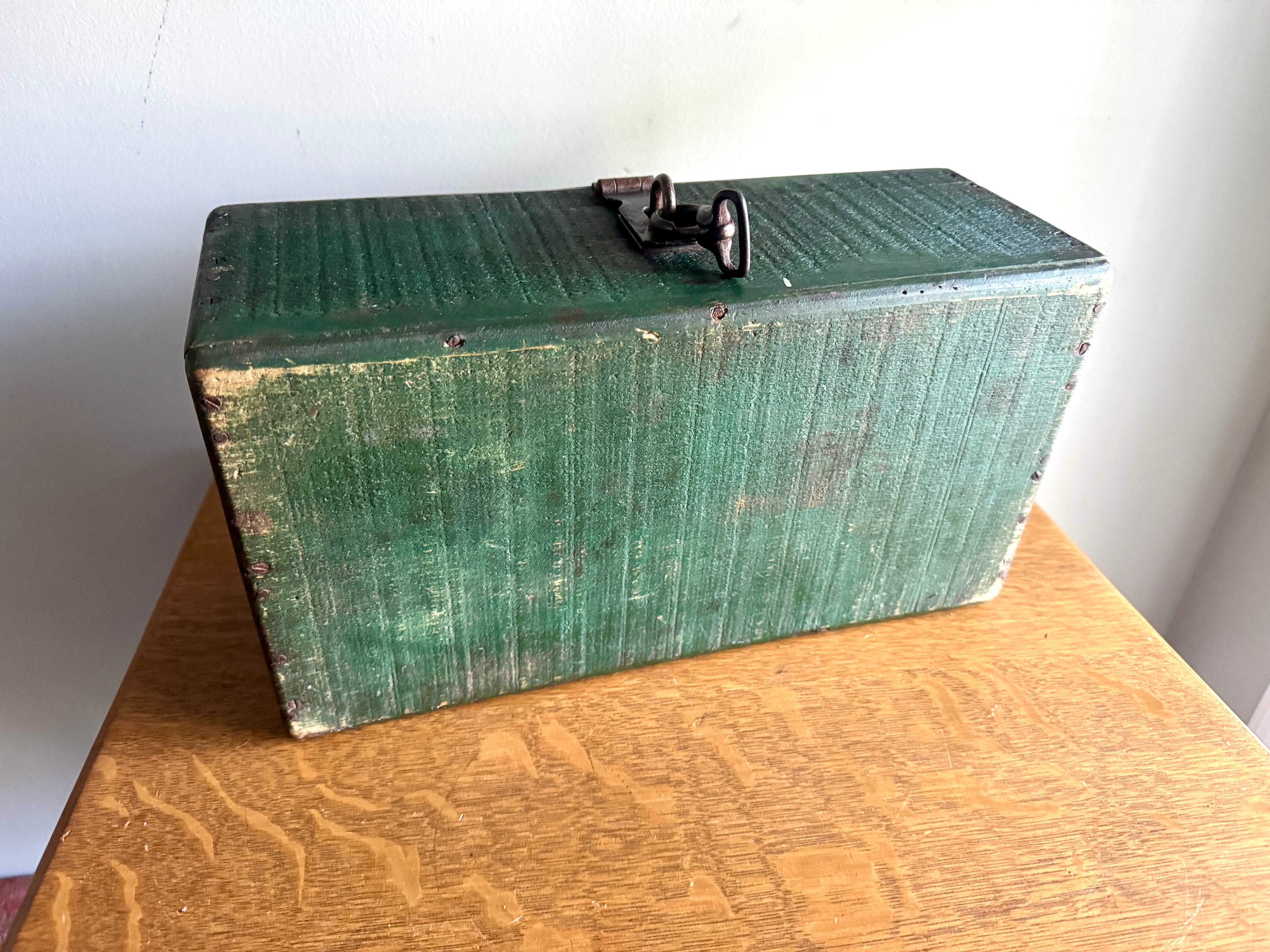 Early 1900's Wood Small Tool Chest | Green Wooden Tool Box With Caddy