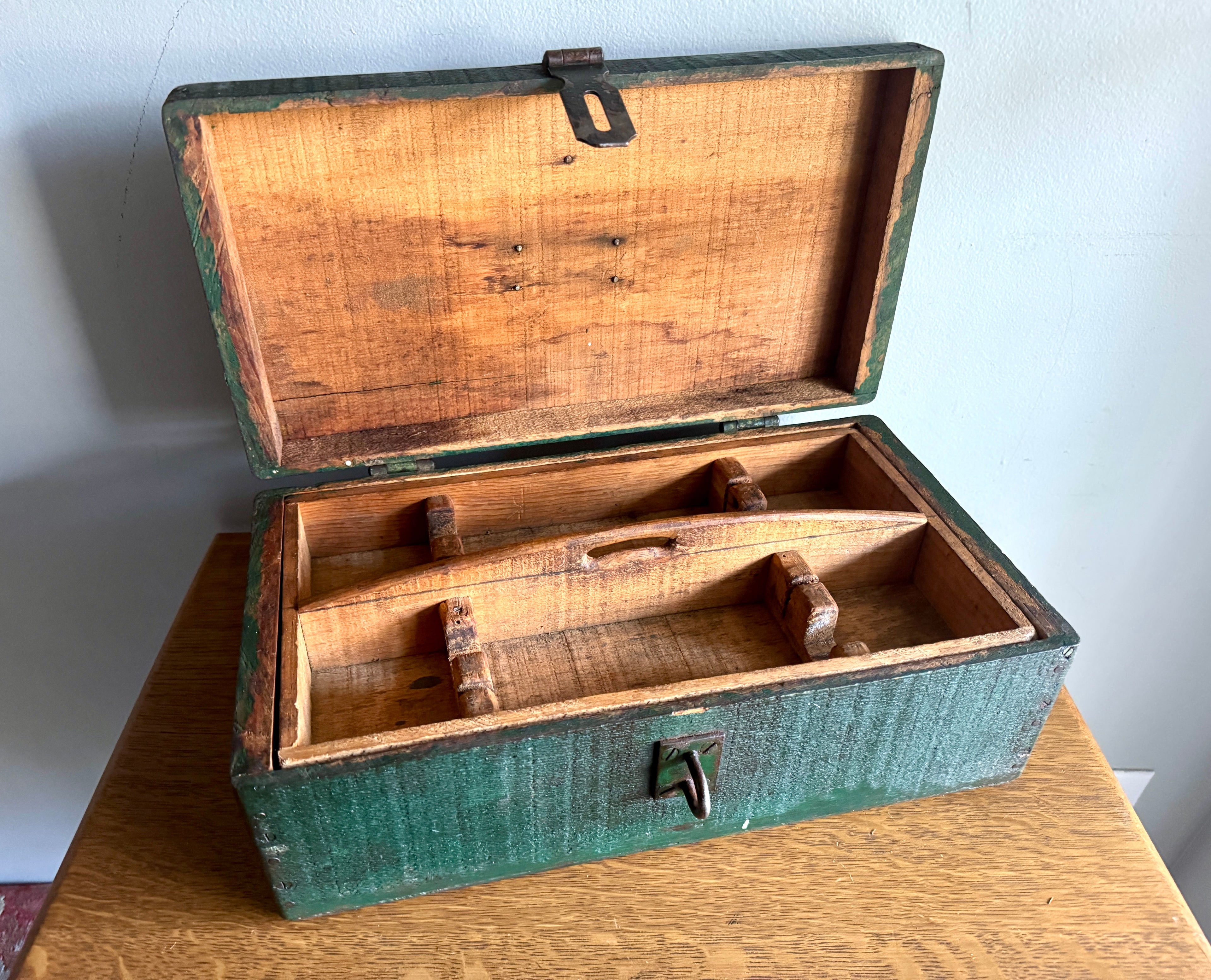 Early 1900's Wood Small Tool Chest | Green Wooden Tool Box With Caddy