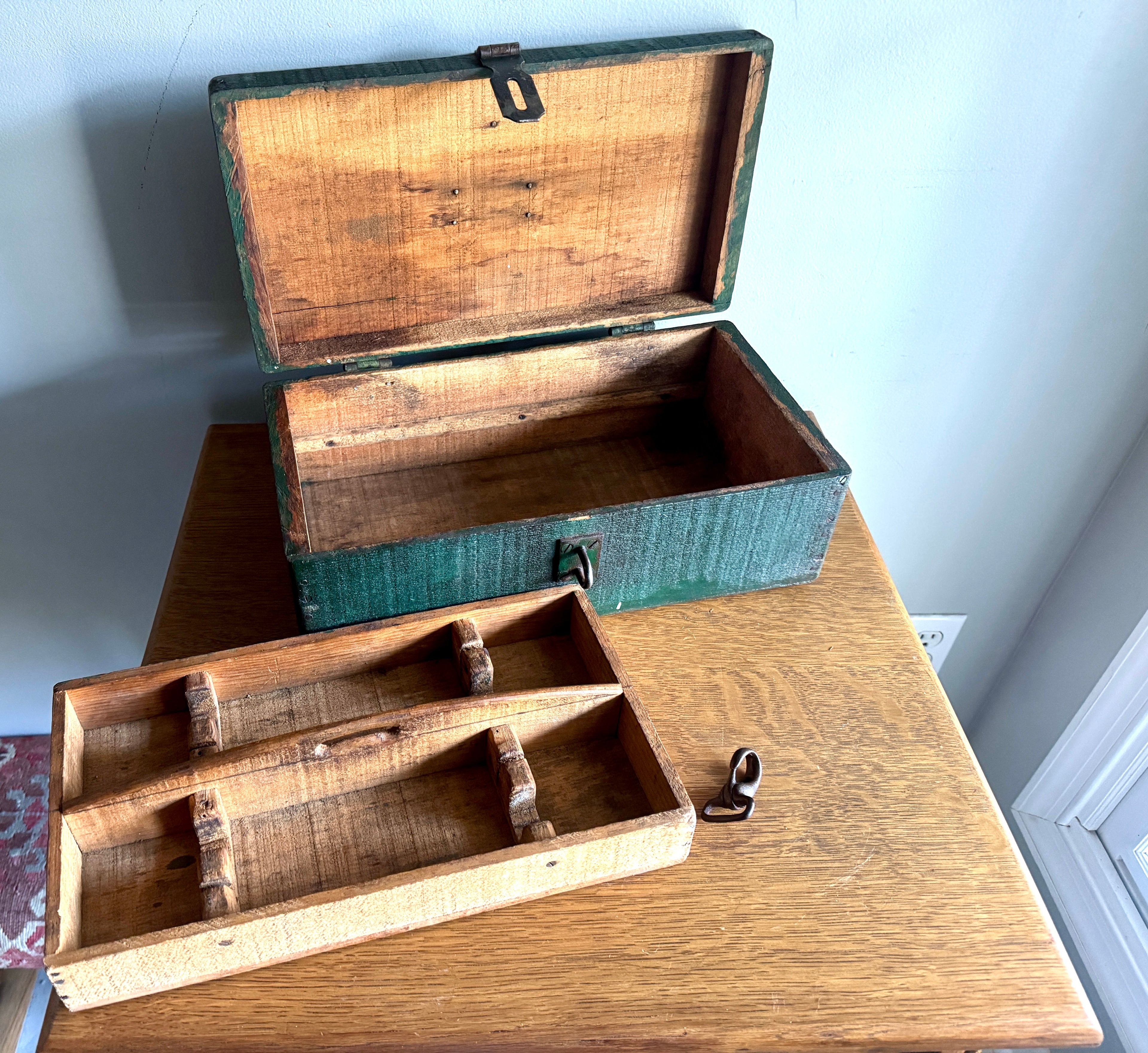 Early 1900's Wood Small Tool Chest | Green Wooden Tool Box With Caddy
