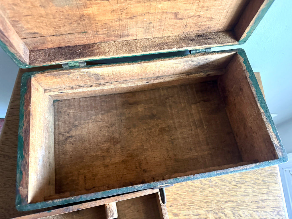 Early 1900's Wood Small Tool Chest | Green Wooden Tool Box With Caddy