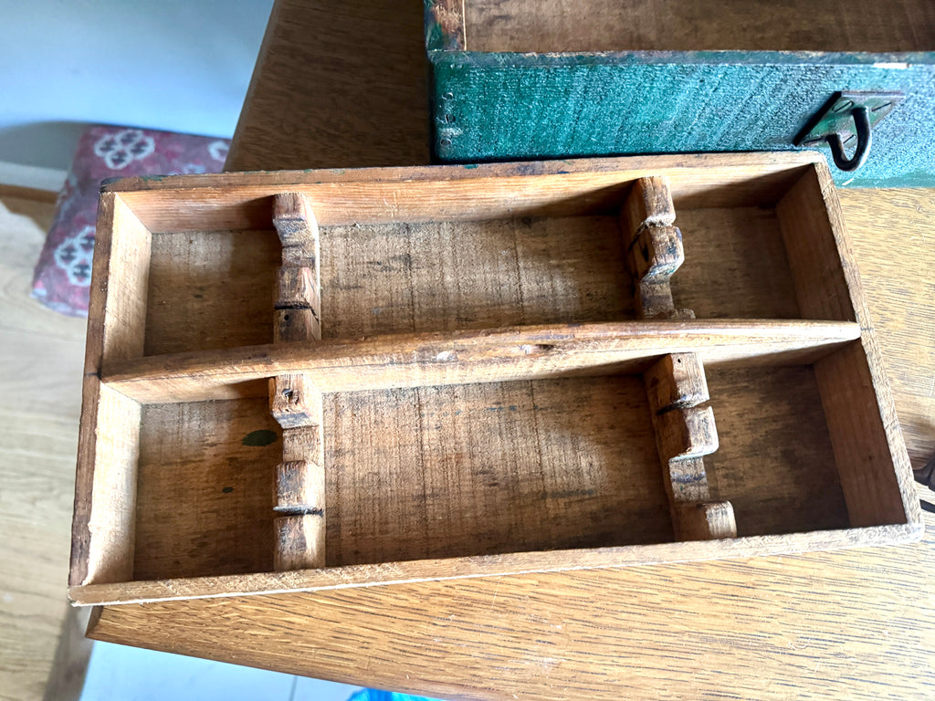 Early 1900's Wood Small Tool Chest | Green Wooden Tool Box With Caddy