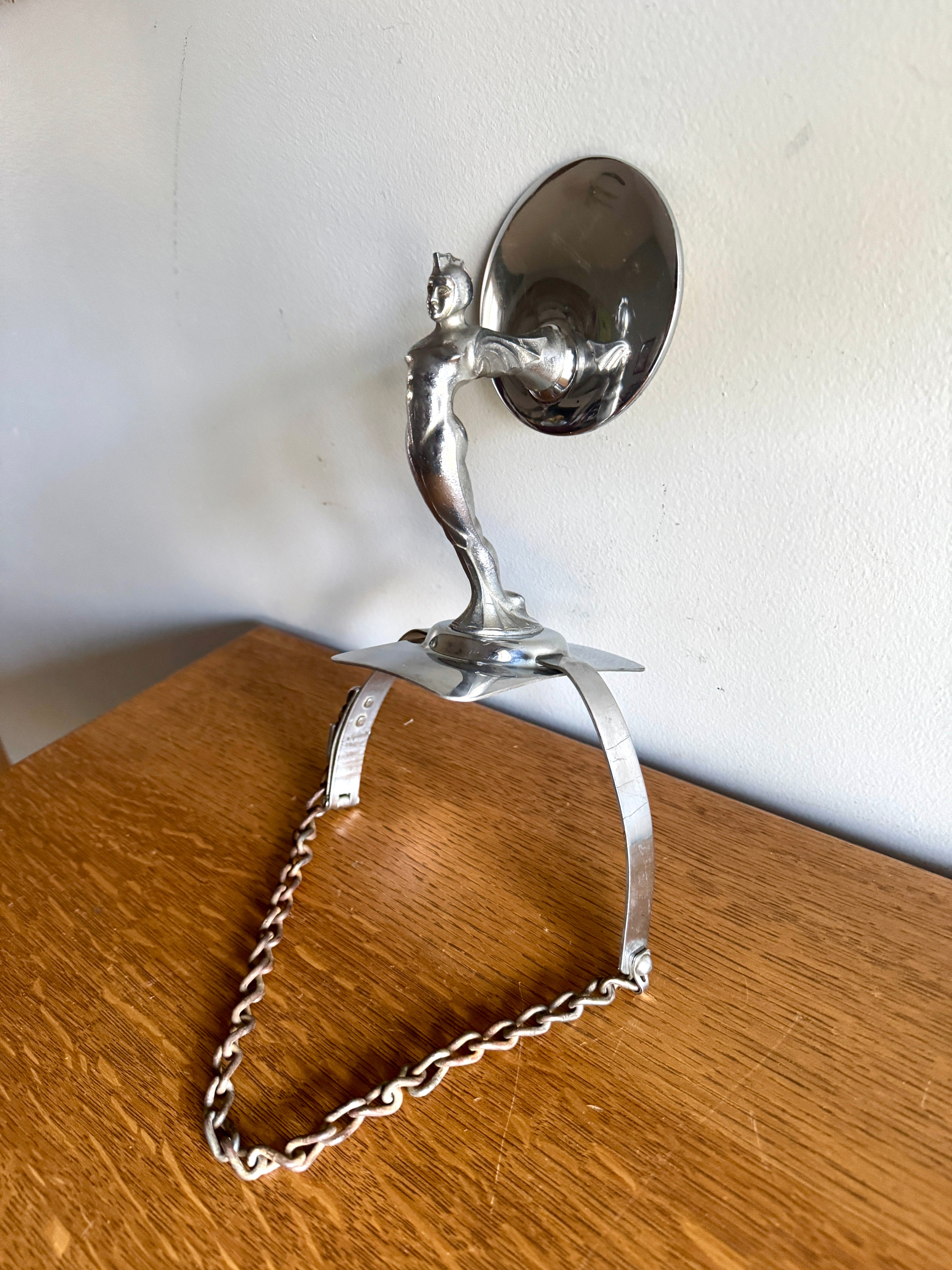 1920's-30's Art Deco Rocketeer Automobile Spare Tire Ornament Mirror | Machine Age Tire Mount Mirror