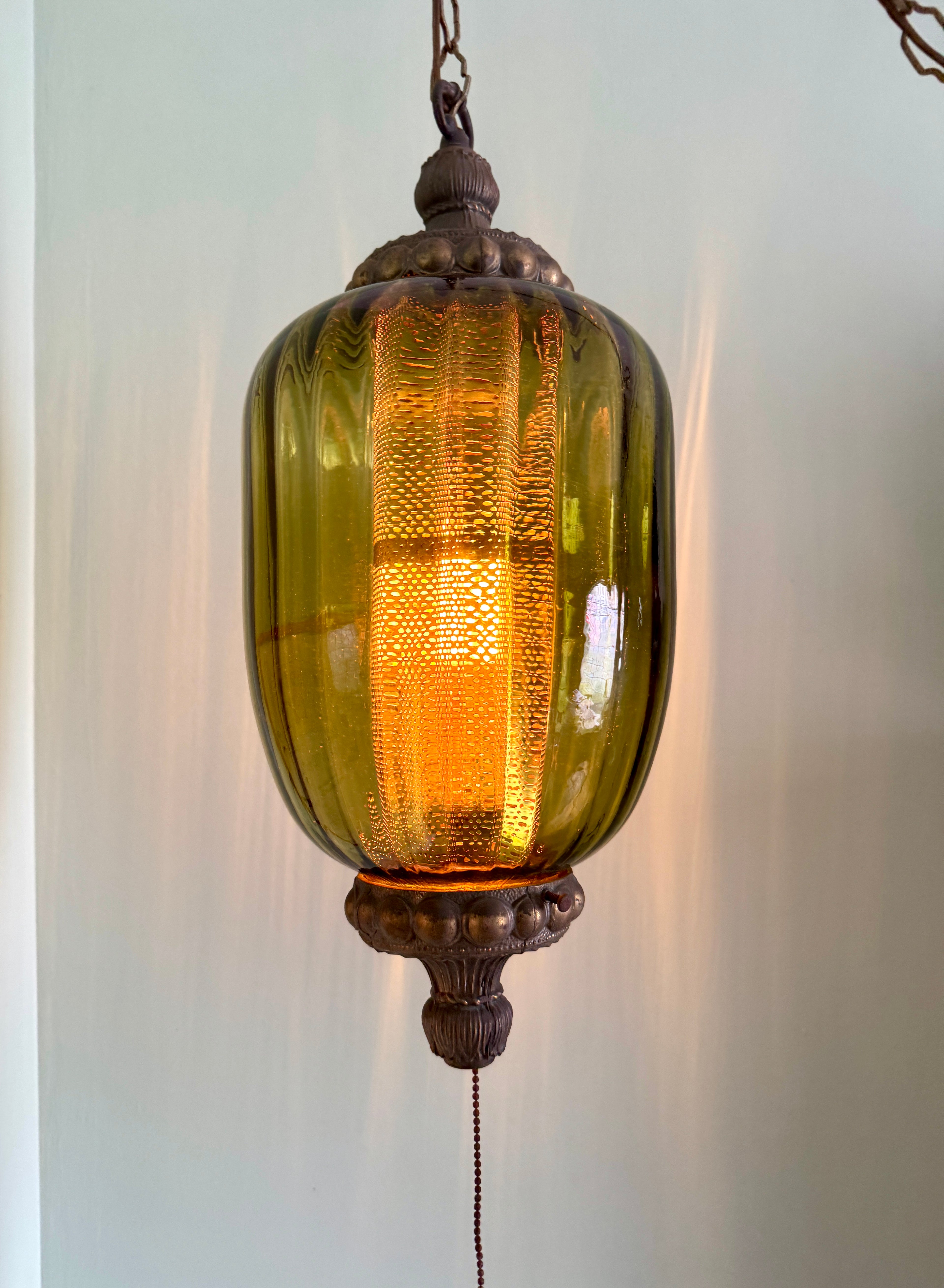 1960's Ribbed Green Glass Swag Lamp | Green Glass and Ornate Metal Pendant Lamp