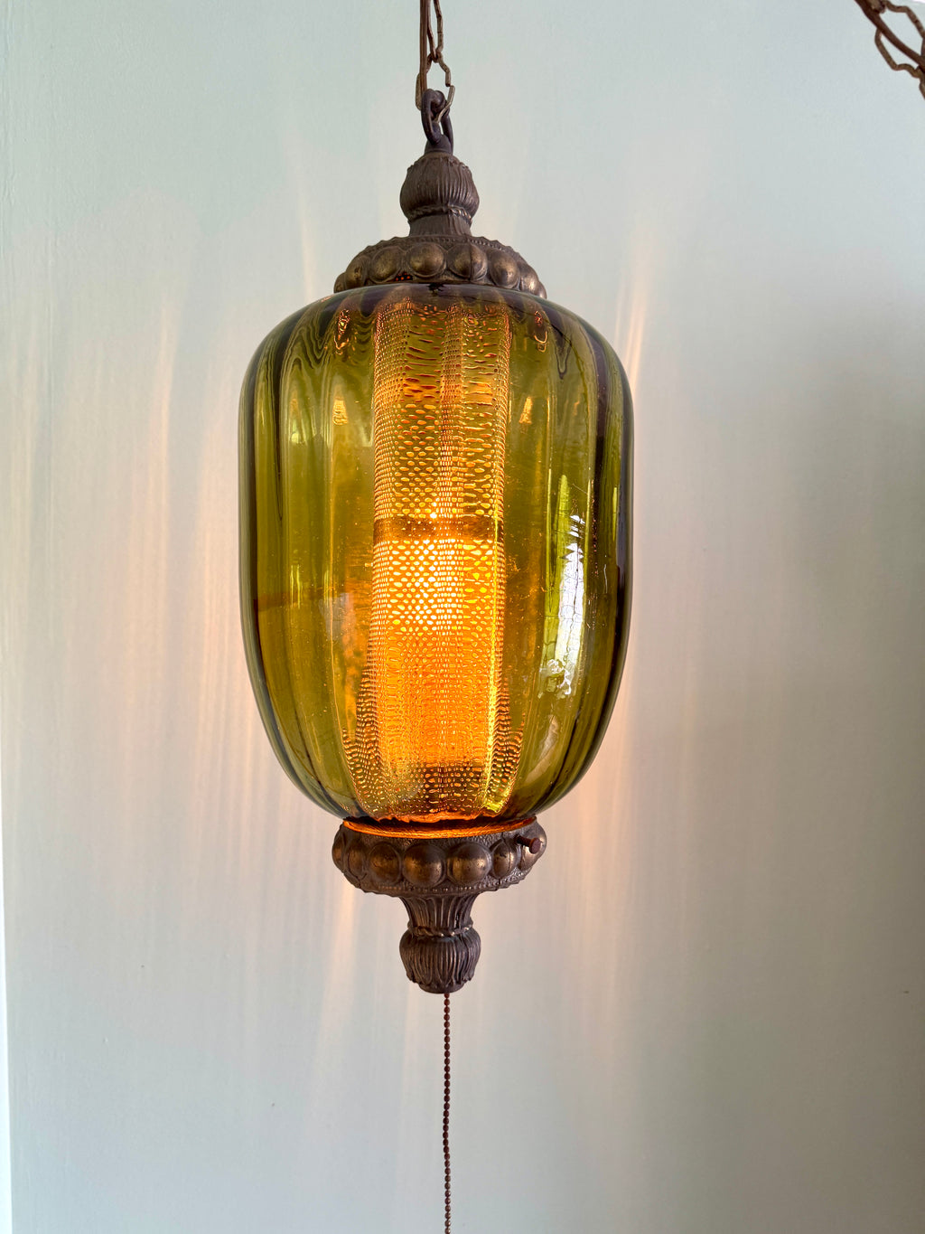 1960's Ribbed Green Glass Swag Lamp | Green Glass and Ornate Metal Pendant Lamp