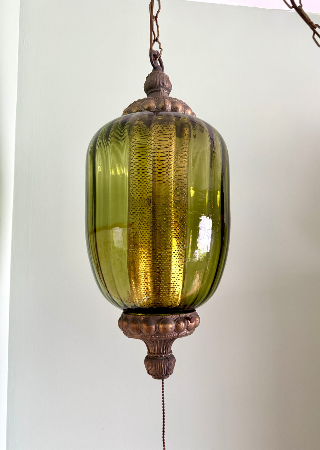 1960's Ribbed Green Glass Swag Lamp | Green Glass and Ornate Metal Pendant Lamp