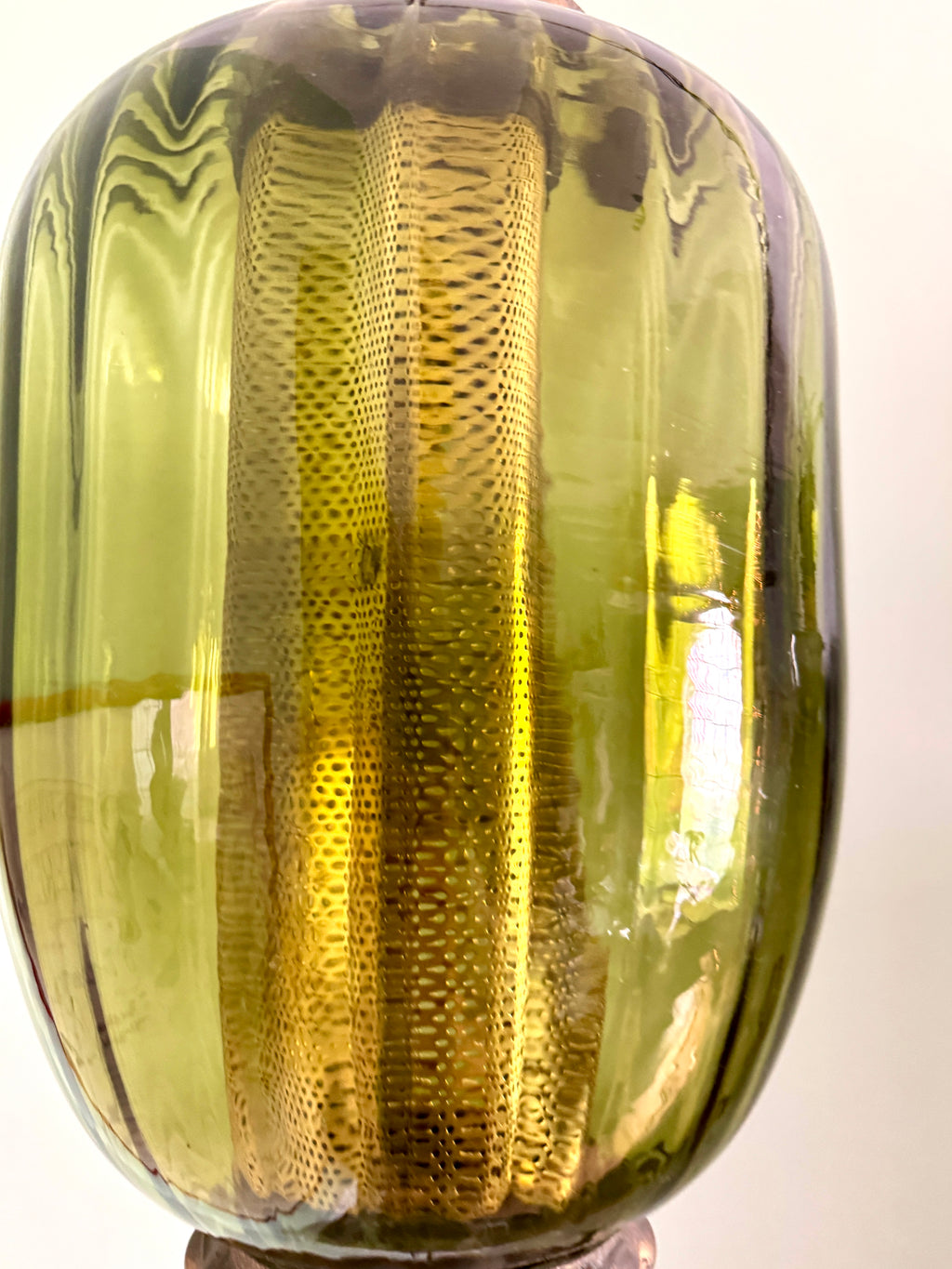 1960's Ribbed Green Glass Swag Lamp | Green Glass and Ornate Metal Pendant Lamp