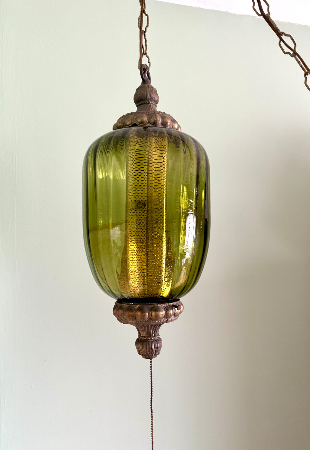1960's Ribbed Green Glass Swag Lamp | Green Glass and Ornate Metal Pendant Lamp