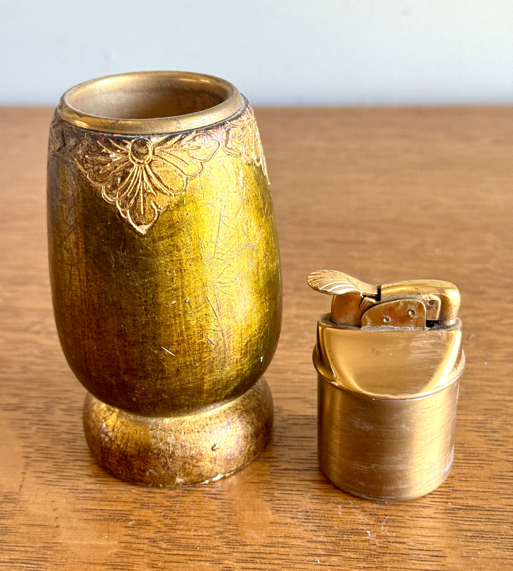 Vtg Working Evans Gold Table Lighter with Shell Shaped Thumb Lever