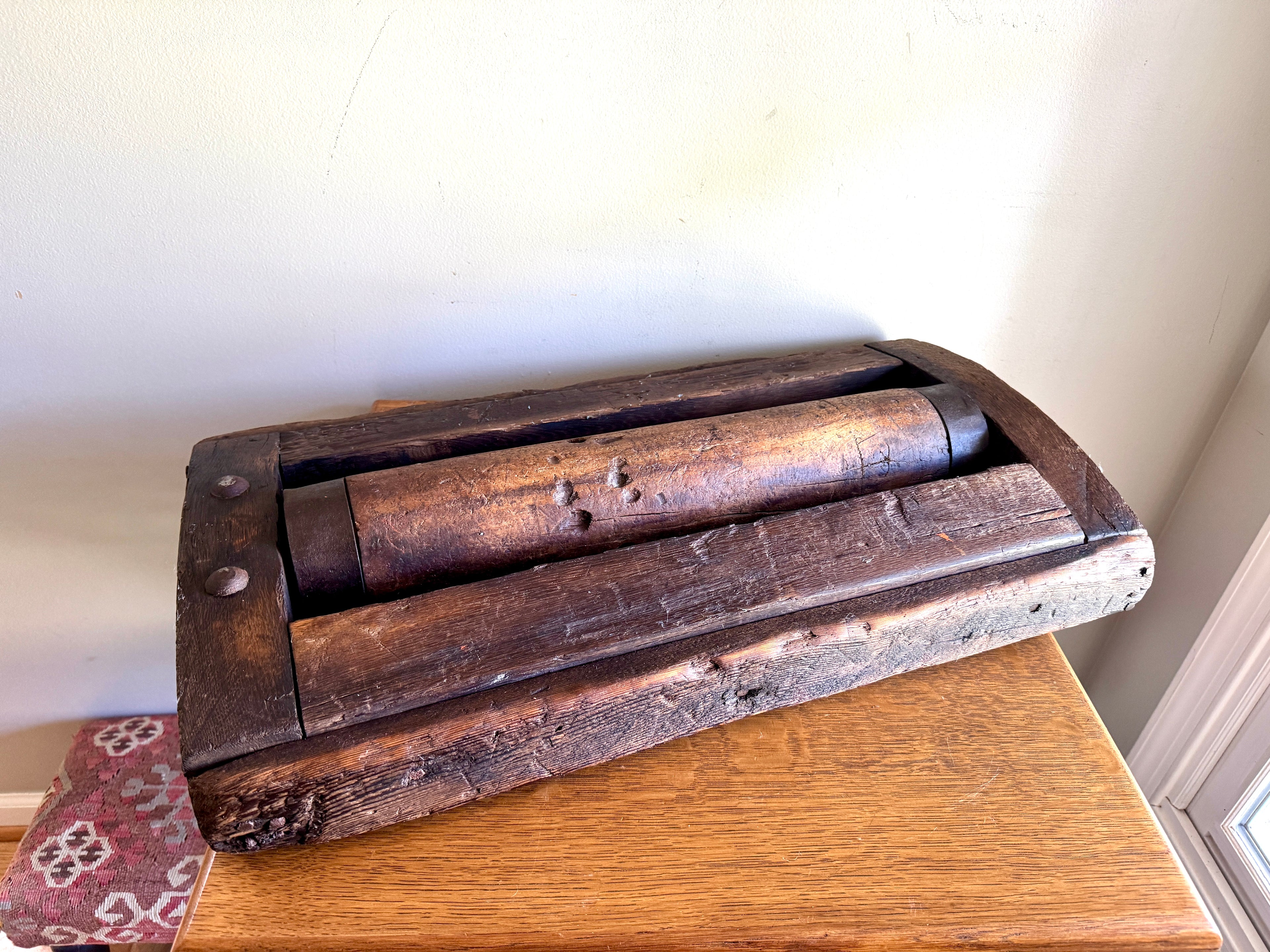 Antique Wooden Sawmill Roller ~ Wooden Shop Equipment Floor Dolley Roller