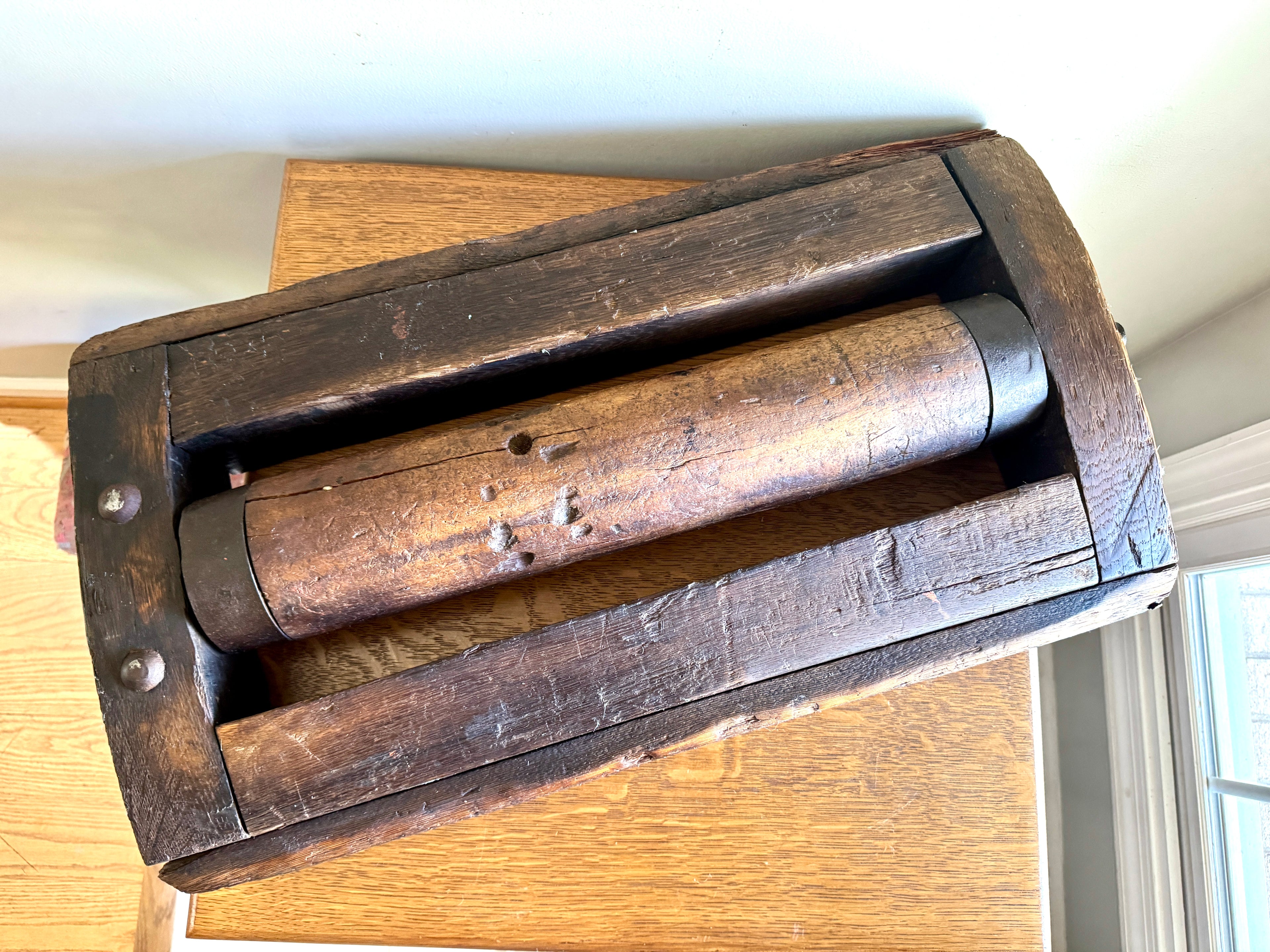 Antique Wooden Sawmill Roller ~ Wooden Shop Equipment Floor Dolley Roller
