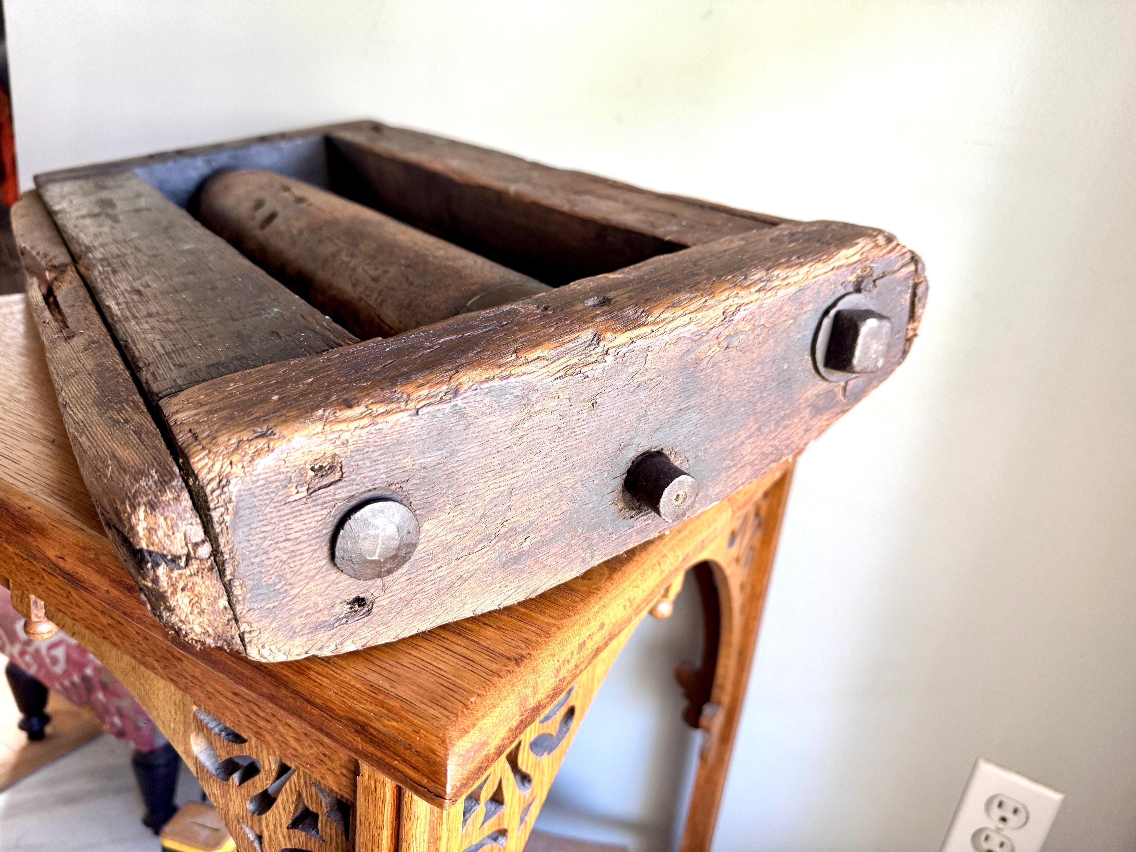 Antique Wooden Sawmill Roller ~ Wooden Shop Equipment Floor Dolley Roller