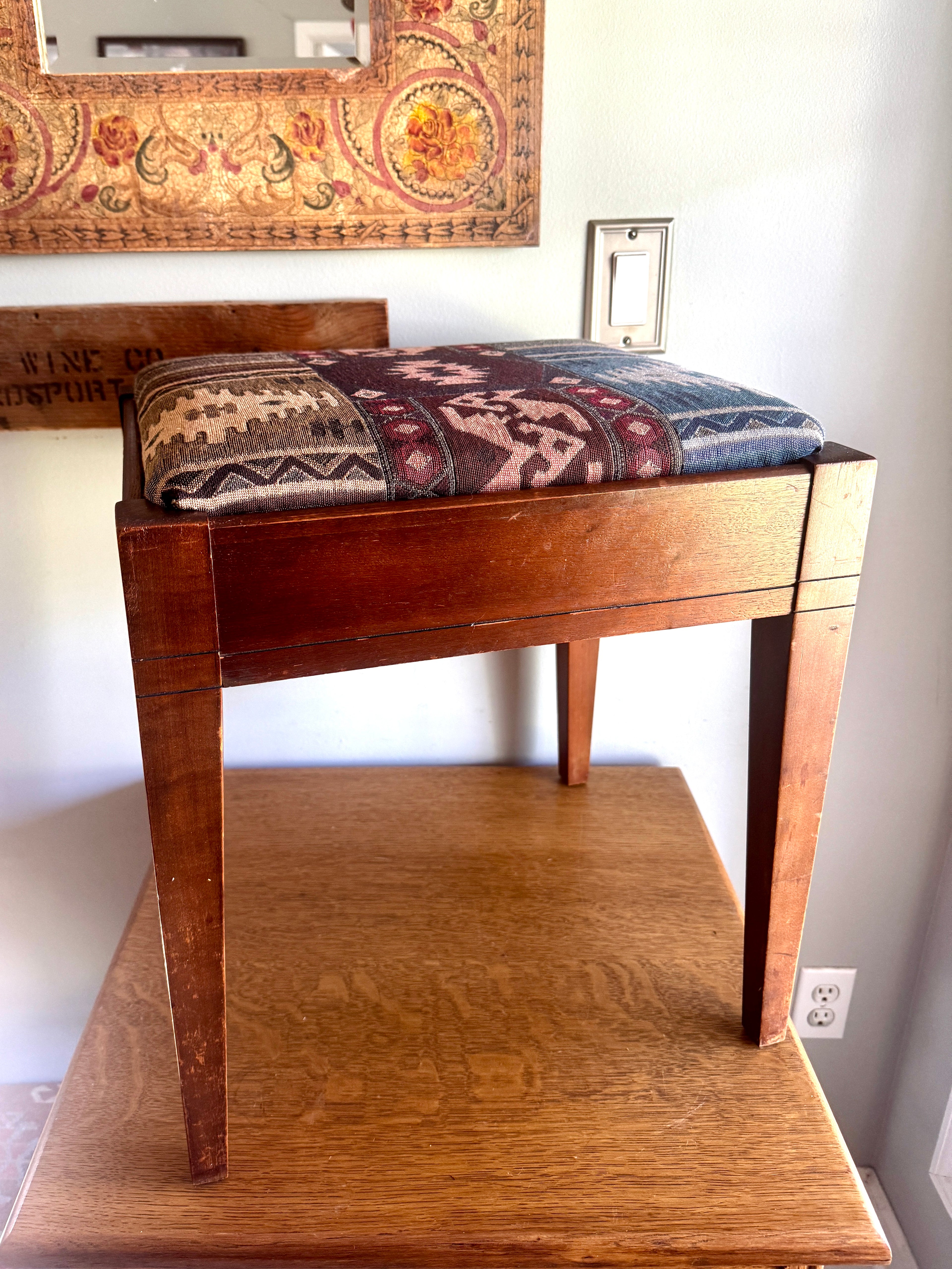 Vtg Wood Vanity Bench ~ Wooden Turkish Kilim Style Fabric Sewing Bench With Storage