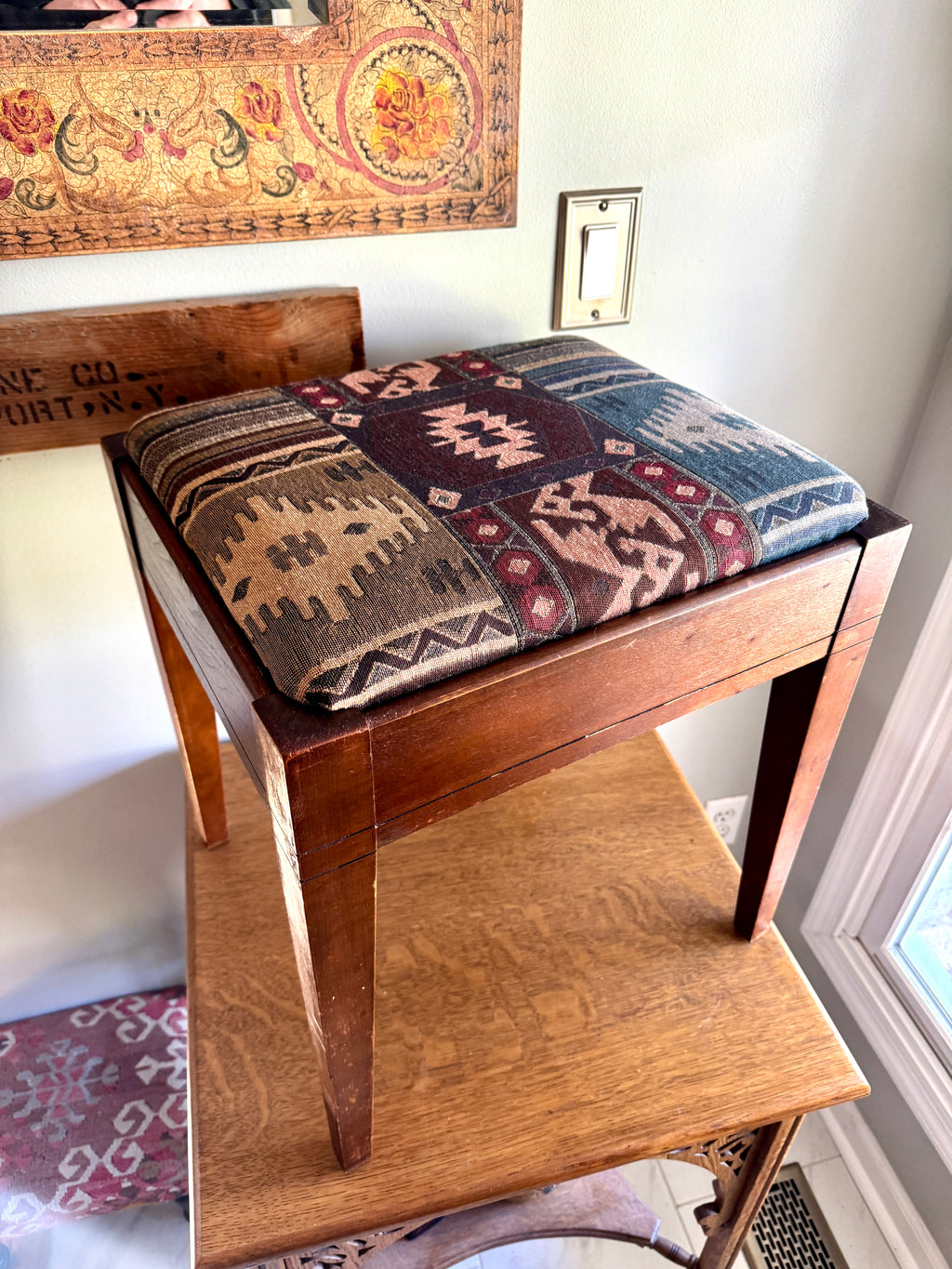 Vtg Wood Vanity Bench ~ Wooden Turkish Kilim Style Fabric Sewing Bench With Storage
