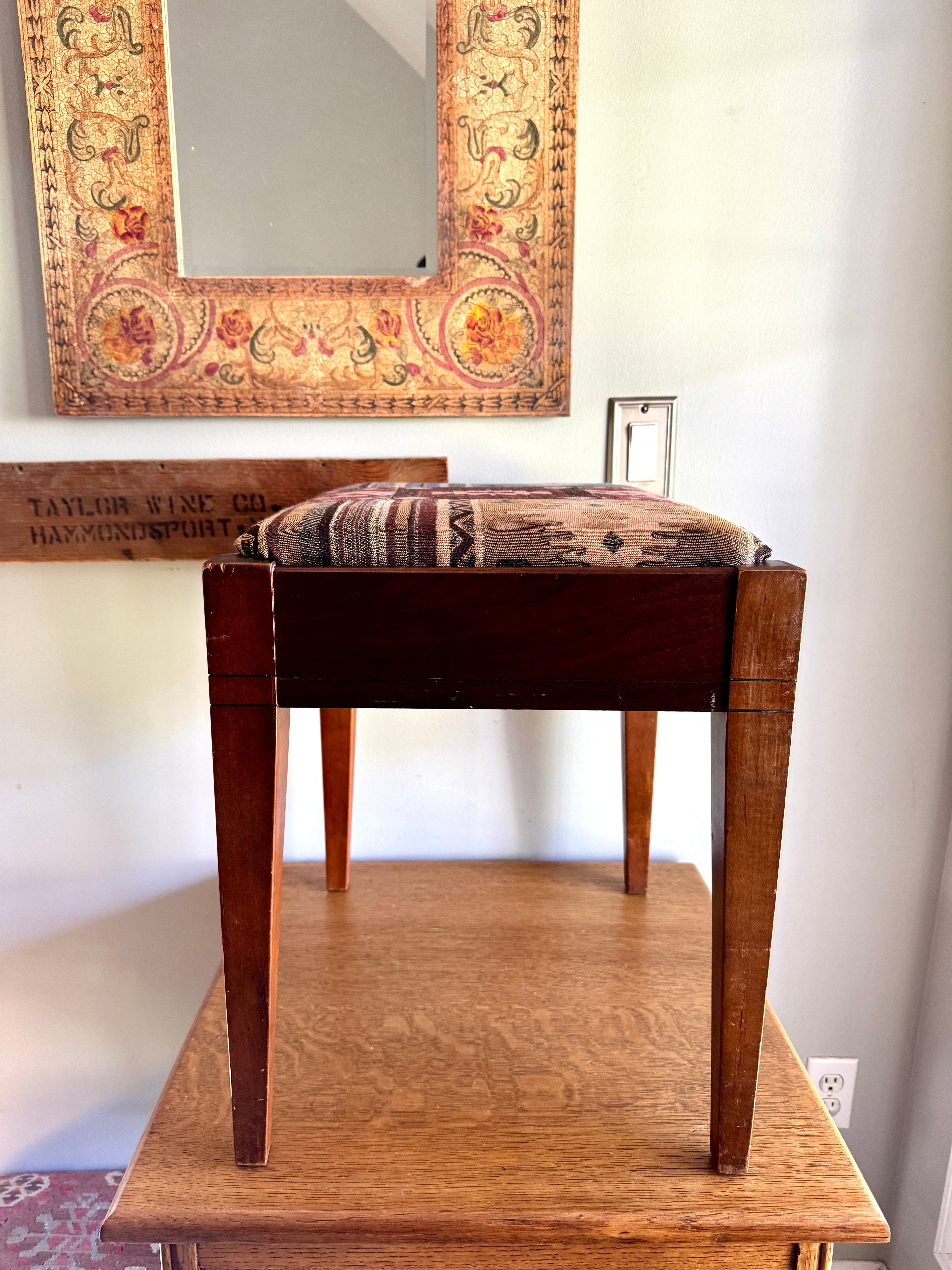 Vtg Wood Vanity Bench ~ Wooden Turkish Kilim Style Fabric Sewing Bench With Storage