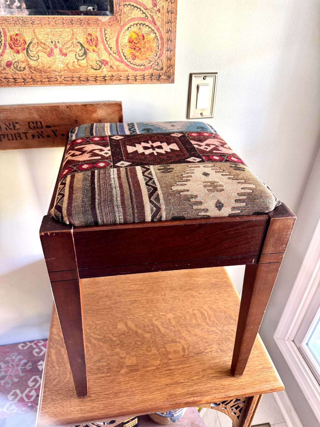 Vtg Wood Vanity Bench ~ Wooden Turkish Kilim Style Fabric Sewing Bench With Storage
