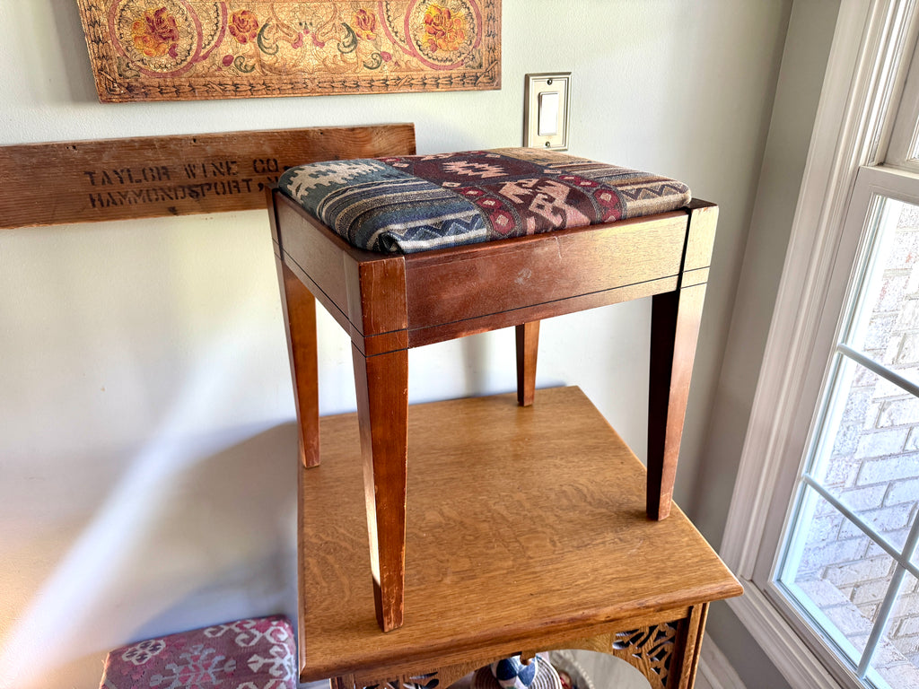 Vtg Wood Vanity Bench ~ Wooden Turkish Kilim Style Fabric Sewing Bench With Storage
