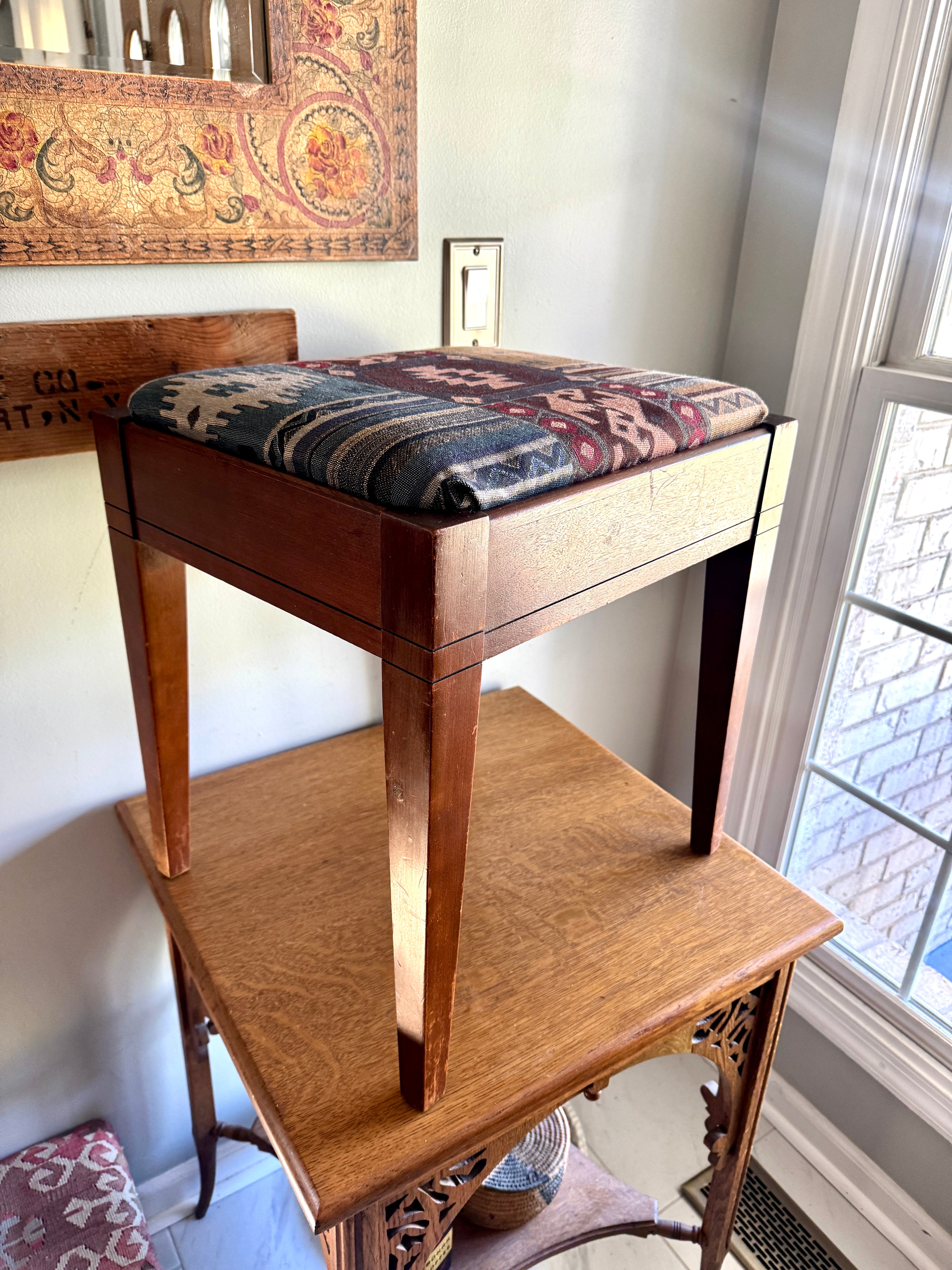 Vtg Wood Vanity Bench ~ Wooden Turkish Kilim Style Fabric Sewing Bench With Storage