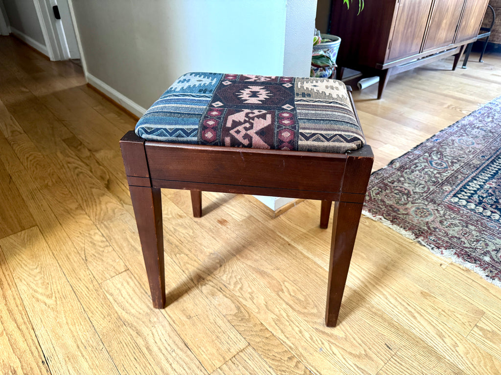 Vtg Wood Vanity Bench ~ Wooden Turkish Kilim Style Fabric Sewing Bench With Storage