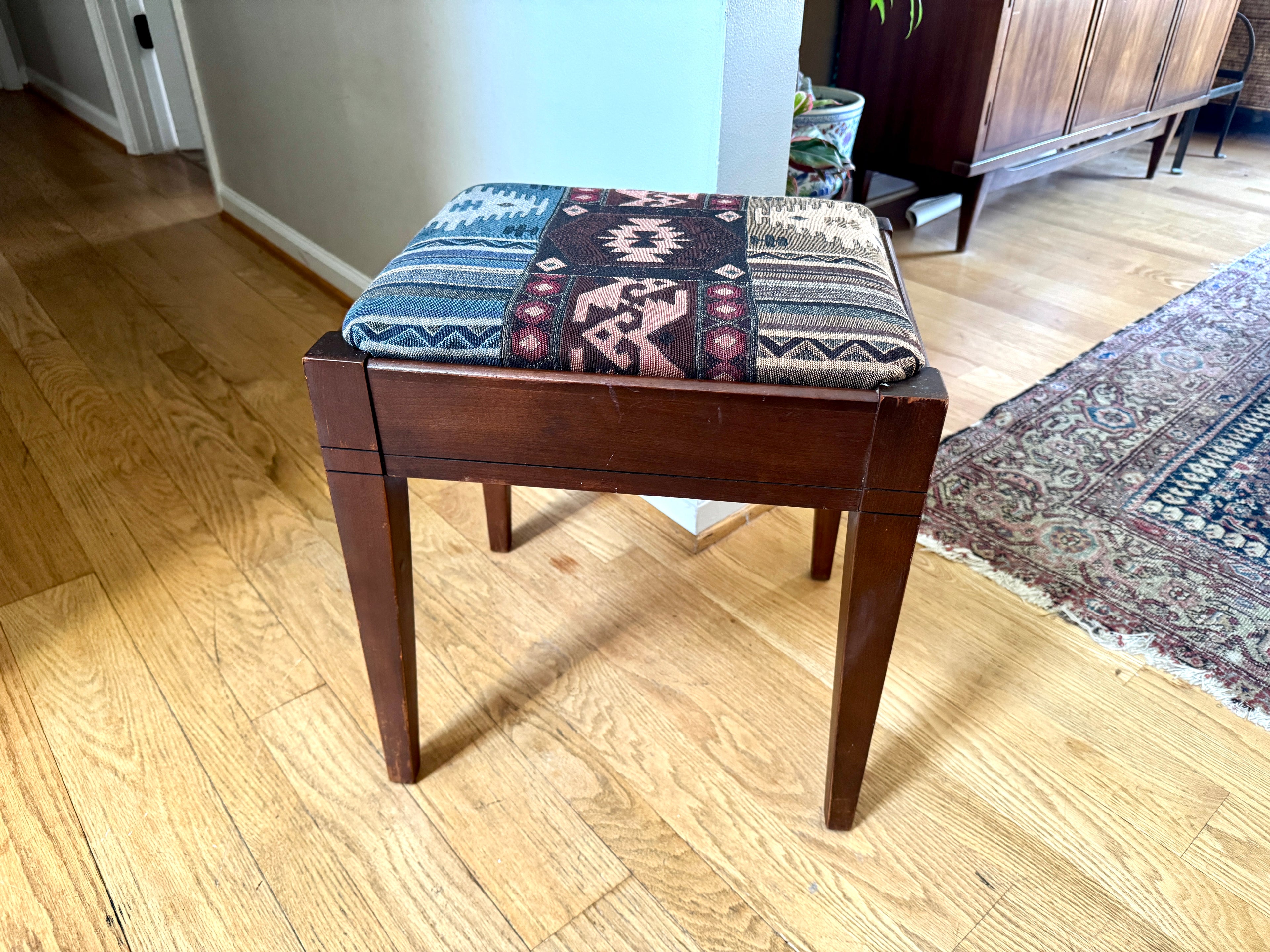 Vtg Wood Vanity Bench ~ Wooden Turkish Kilim Style Fabric Sewing Bench With Storage