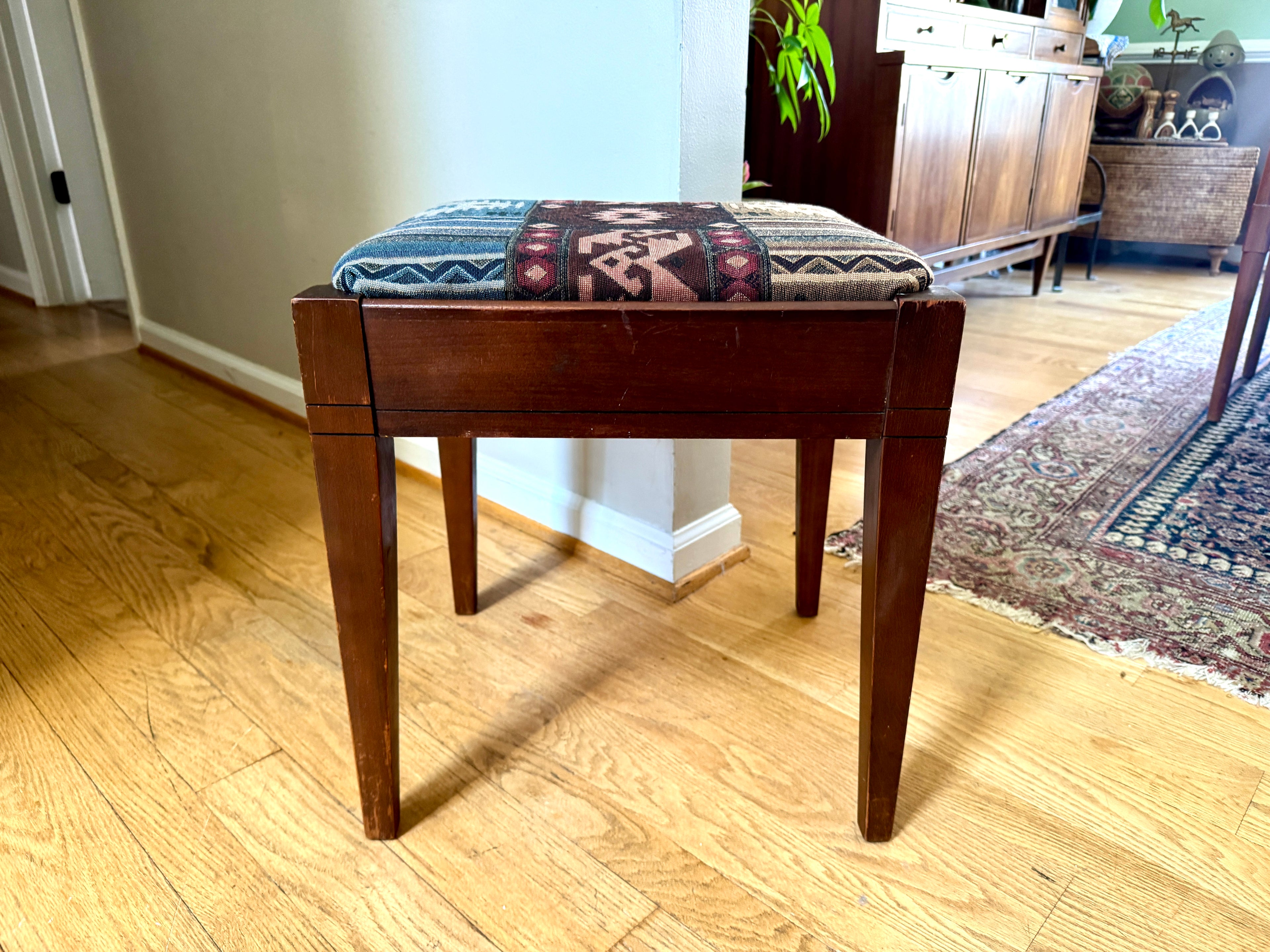 Vtg Wood Vanity Bench ~ Wooden Turkish Kilim Style Fabric Sewing Bench With Storage