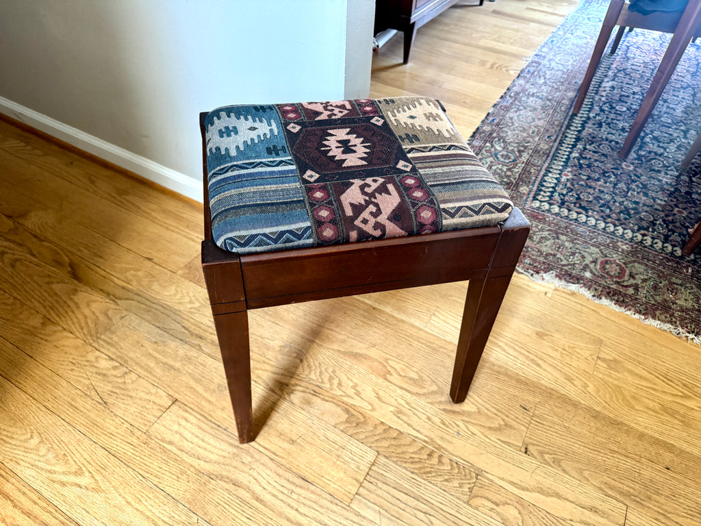 Vtg Wood Vanity Bench ~ Wooden Turkish Kilim Style Fabric Sewing Bench With Storage
