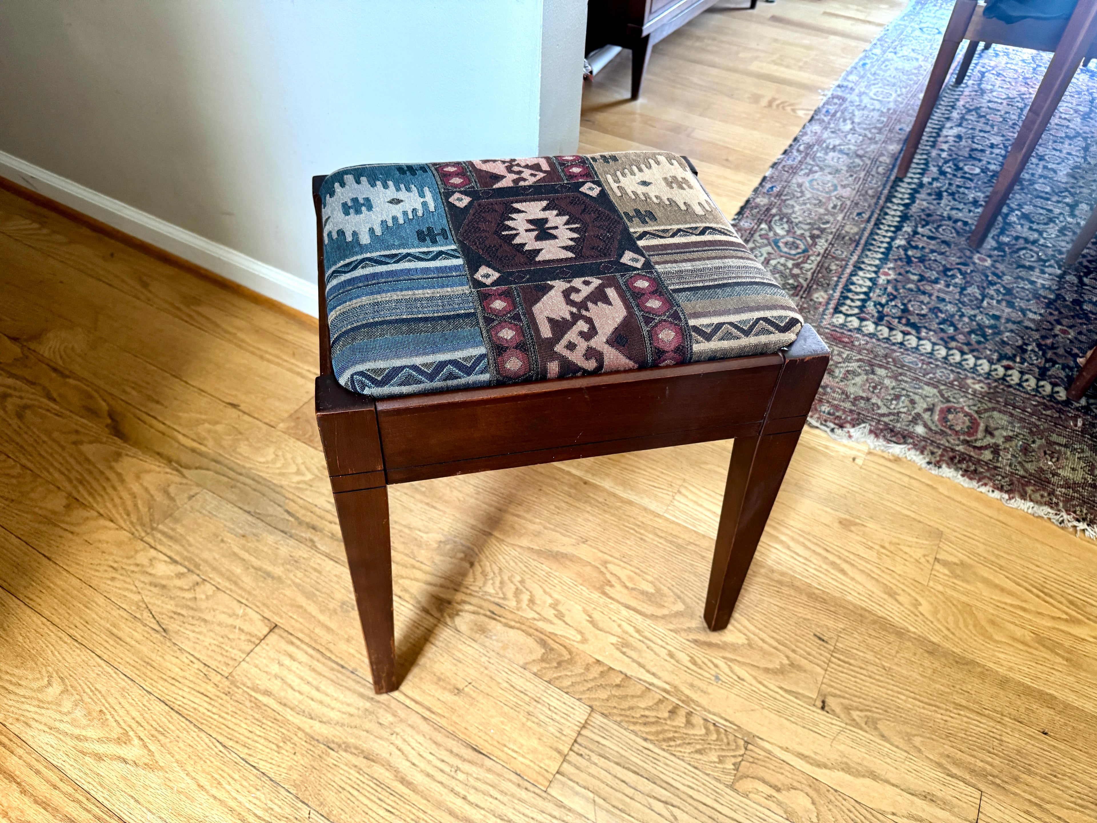 Vtg Wood Vanity Bench ~ Wooden Turkish Kilim Style Fabric Sewing Bench With Storage