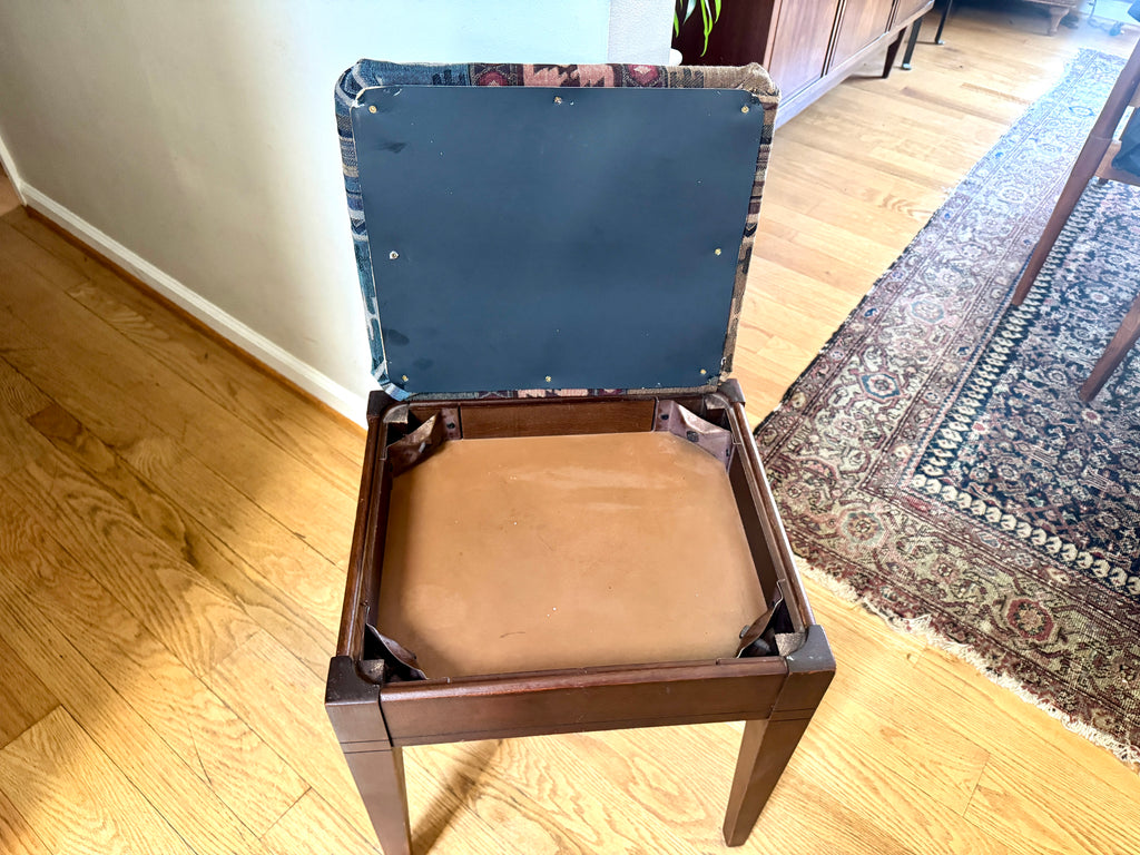 Vtg Wood Vanity Bench ~ Wooden Turkish Kilim Style Fabric Sewing Bench With Storage