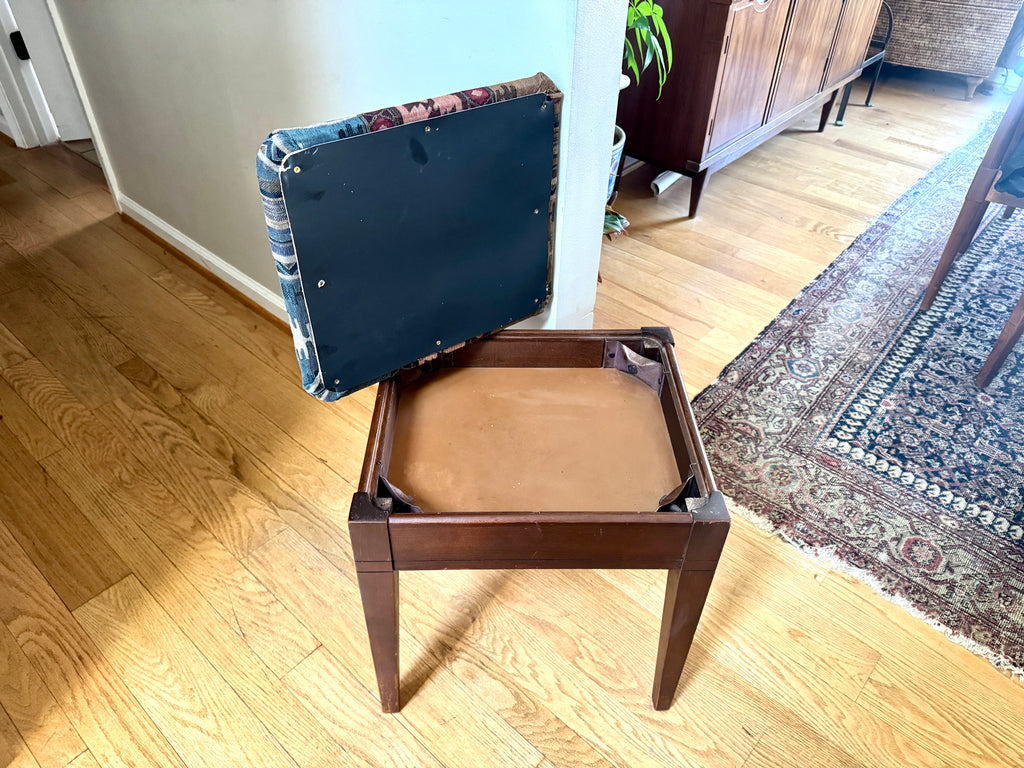 Vtg Wood Vanity Bench ~ Wooden Turkish Kilim Style Fabric Sewing Bench With Storage