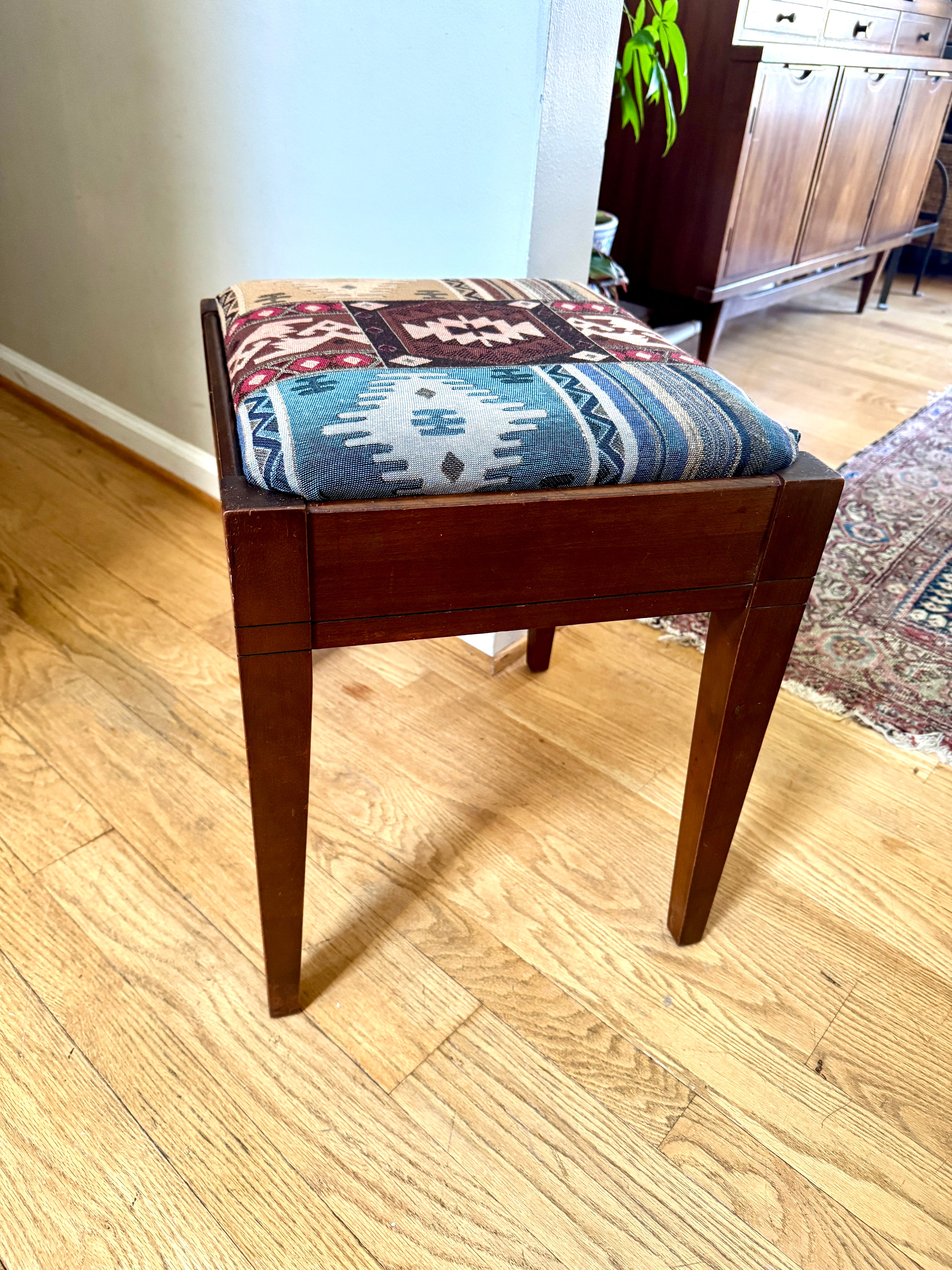 Vtg Wood Vanity Bench ~ Wooden Turkish Kilim Style Fabric Sewing Bench With Storage