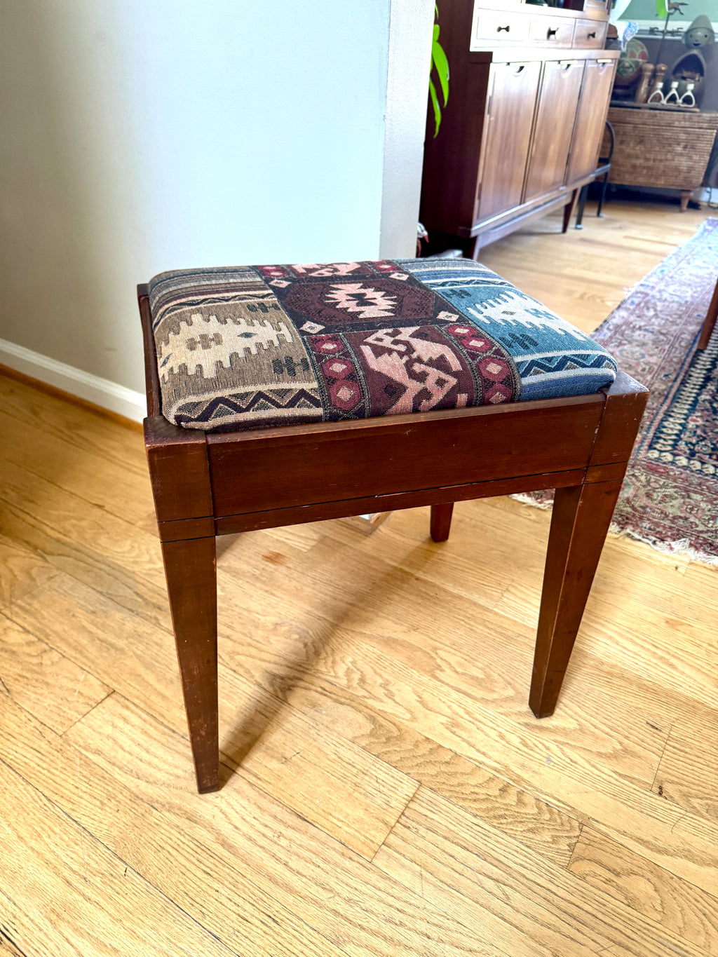 Vtg Wood Vanity Bench ~ Wooden Turkish Kilim Style Fabric Sewing Bench With Storage
