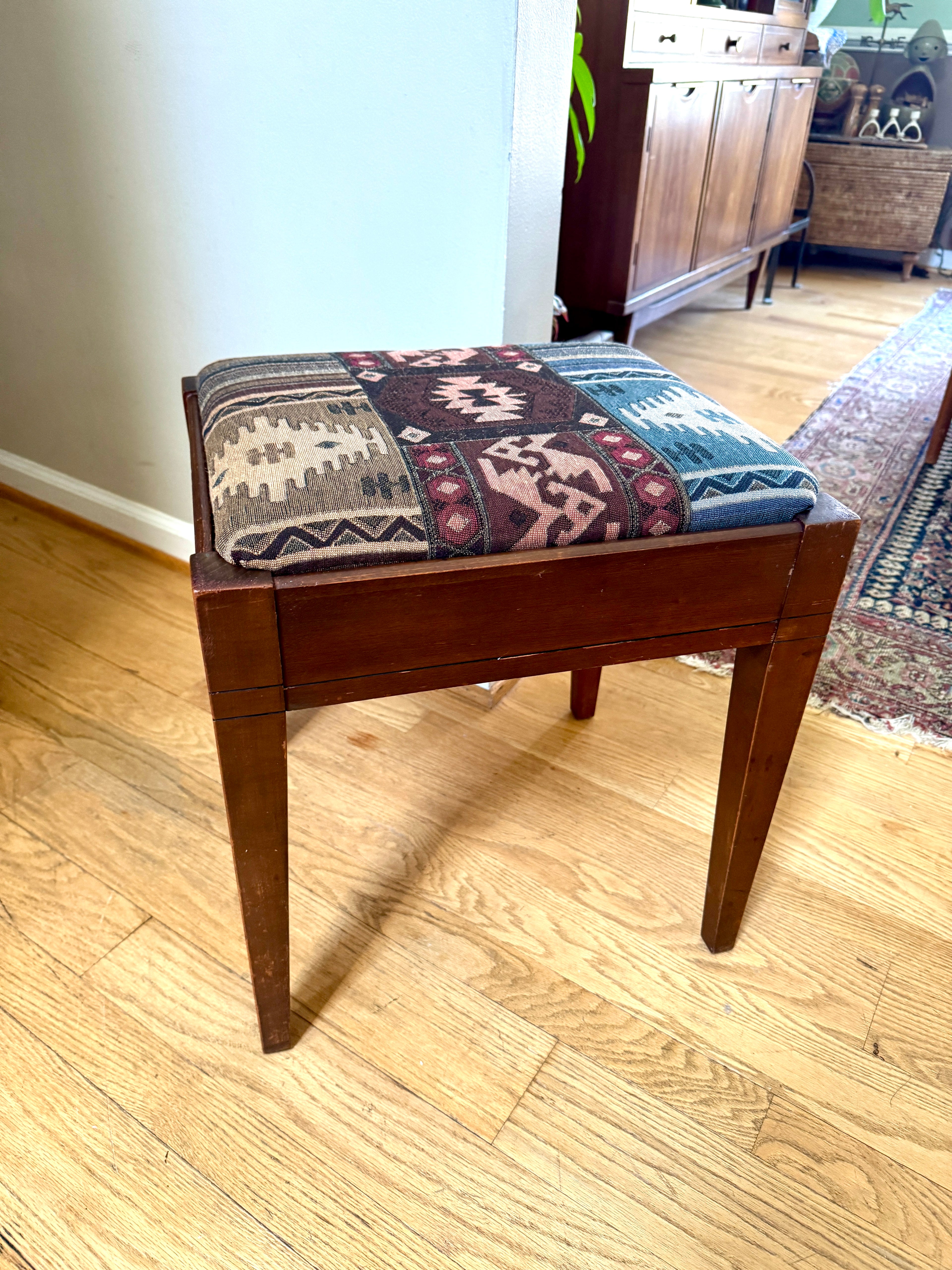 Vtg Wood Vanity Bench ~ Wooden Turkish Kilim Style Fabric Sewing Bench With Storage