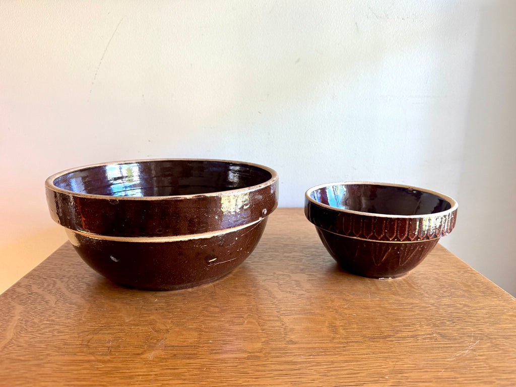 Antique Pair of Stoneware Mixing Bowls ~ Picket Fence Pattern Glazed Pottery Bowl