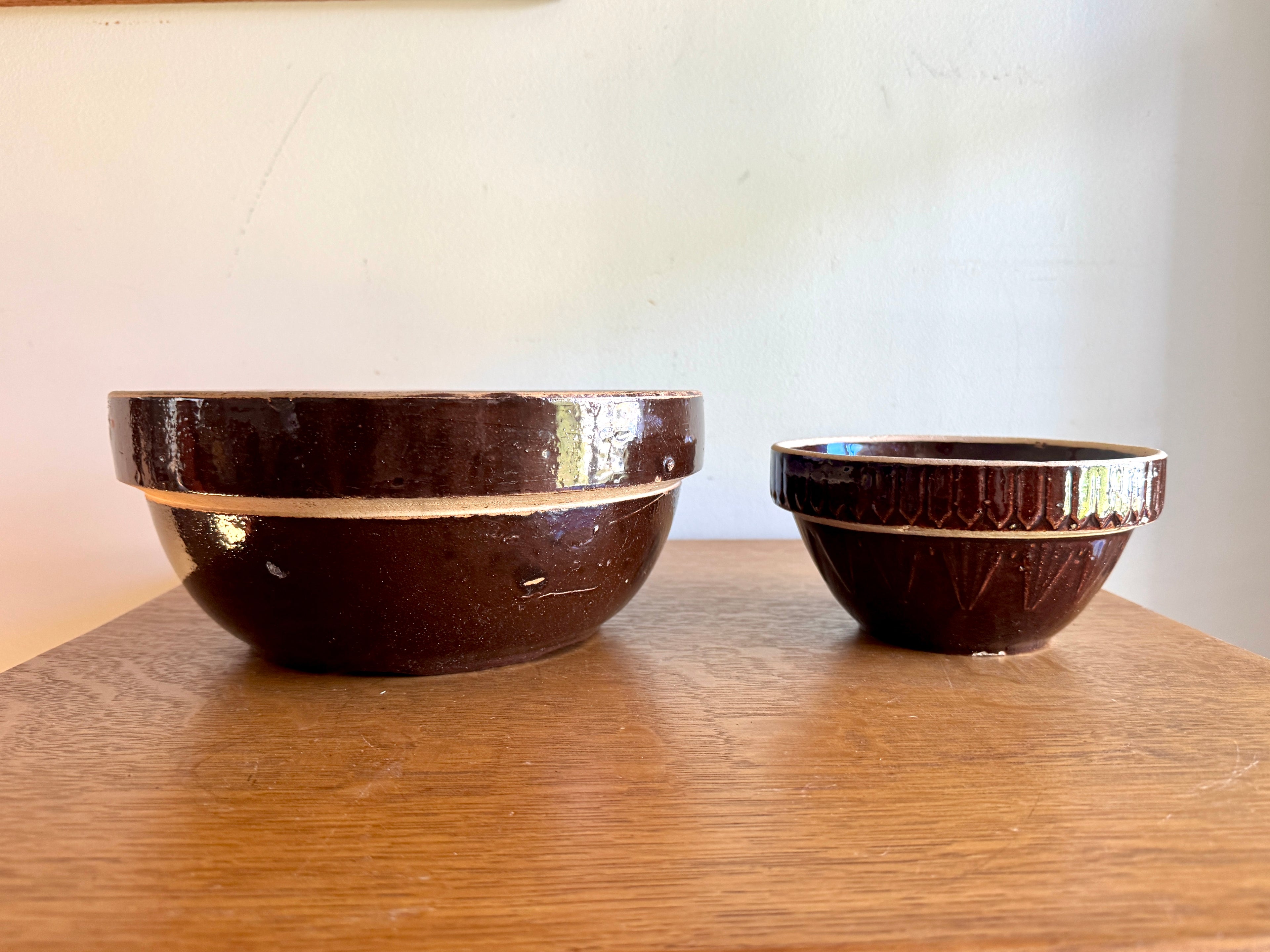 Antique Pair of Stoneware Mixing Bowls ~ Picket Fence Pattern Glazed Pottery Bowl