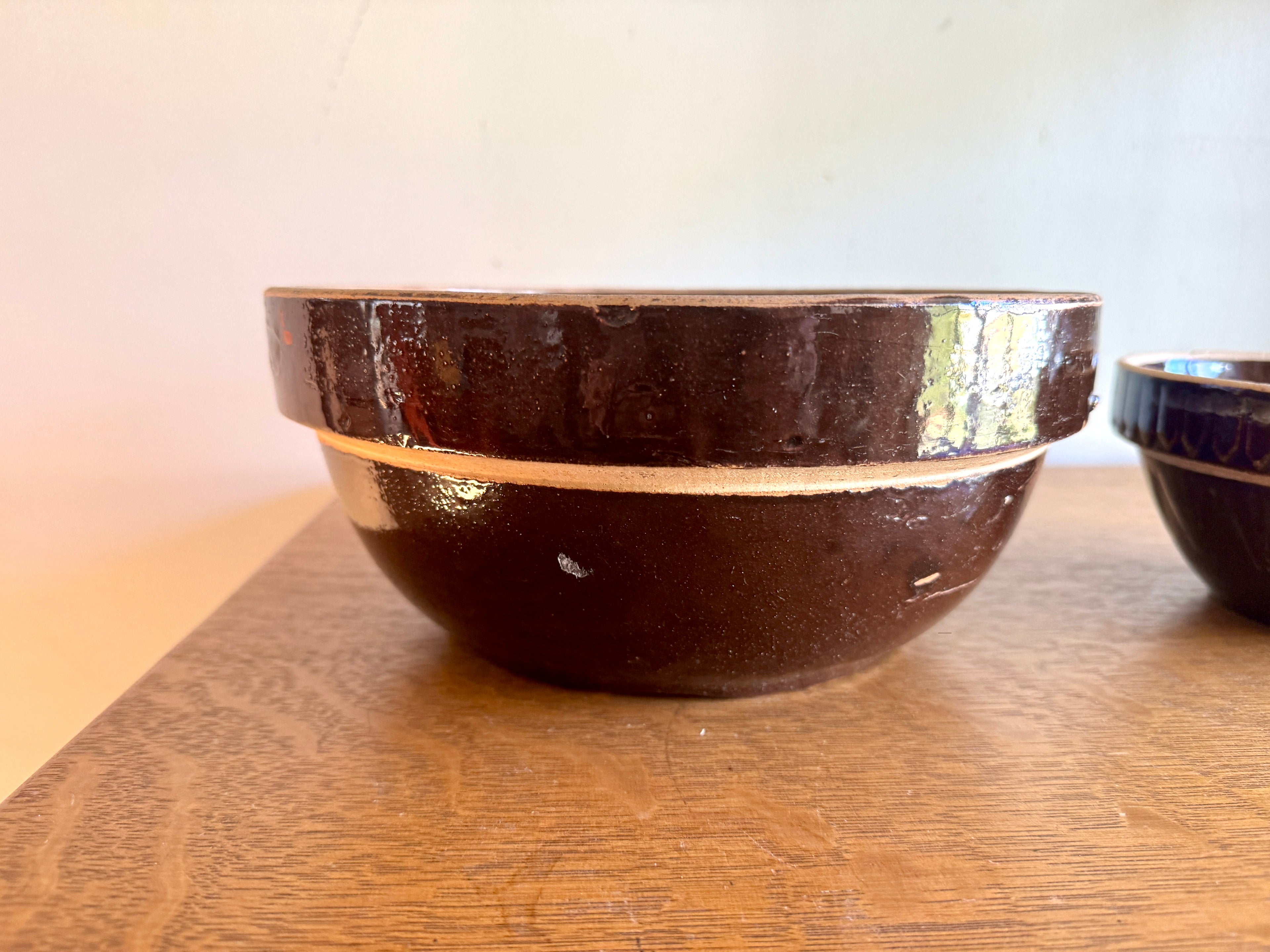 Antique Pair of Stoneware Mixing Bowls ~ Picket Fence Pattern Glazed Pottery Bowl