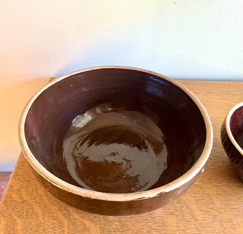 Antique Pair of Stoneware Mixing Bowls ~ Picket Fence Pattern Glazed Pottery Bowl