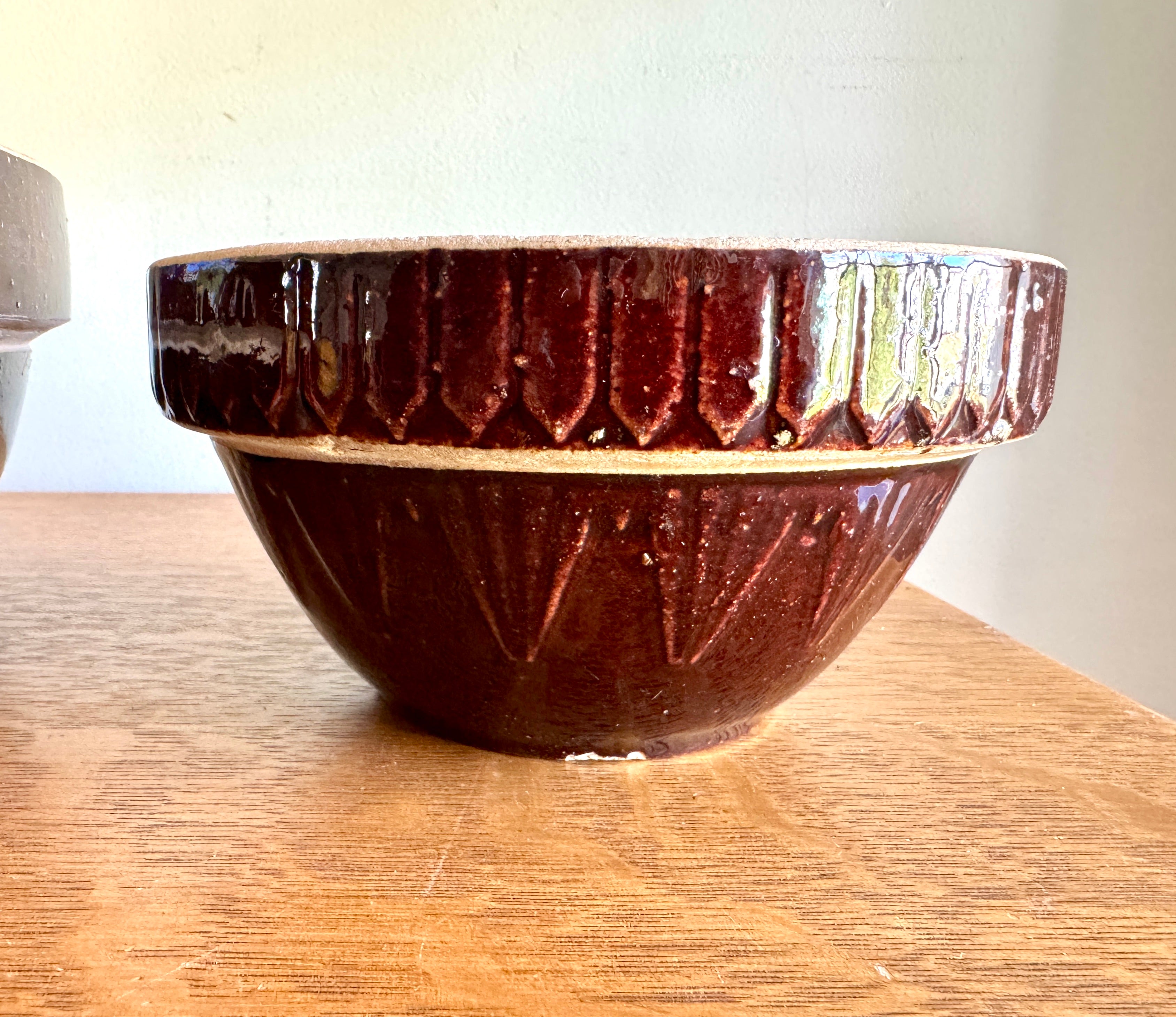 Antique Pair of Stoneware Mixing Bowls ~ Picket Fence Pattern Glazed Pottery Bowl