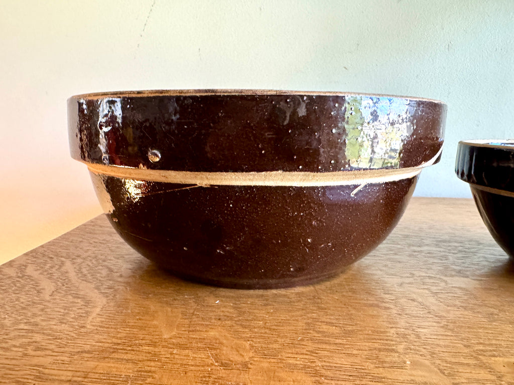 Antique Pair of Stoneware Mixing Bowls ~ Picket Fence Pattern Glazed Pottery Bowl