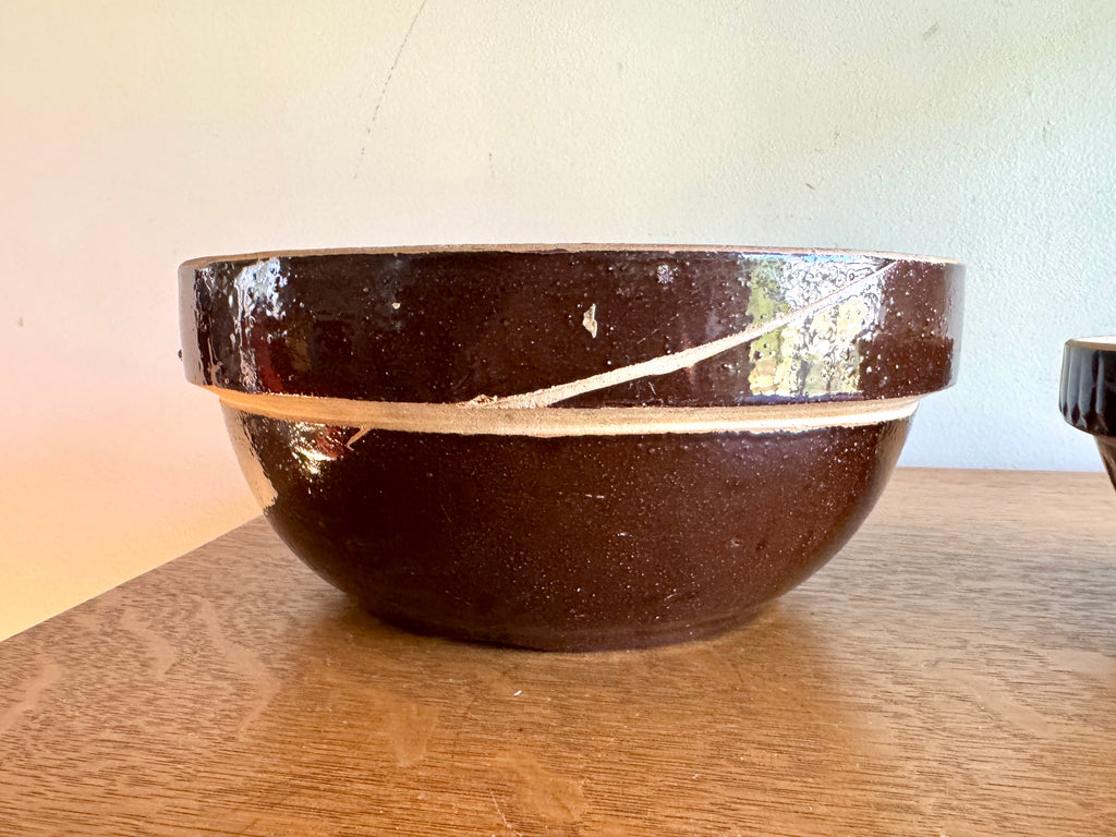 Antique Pair of Stoneware Mixing Bowls ~ Picket Fence Pattern Glazed Pottery Bowl