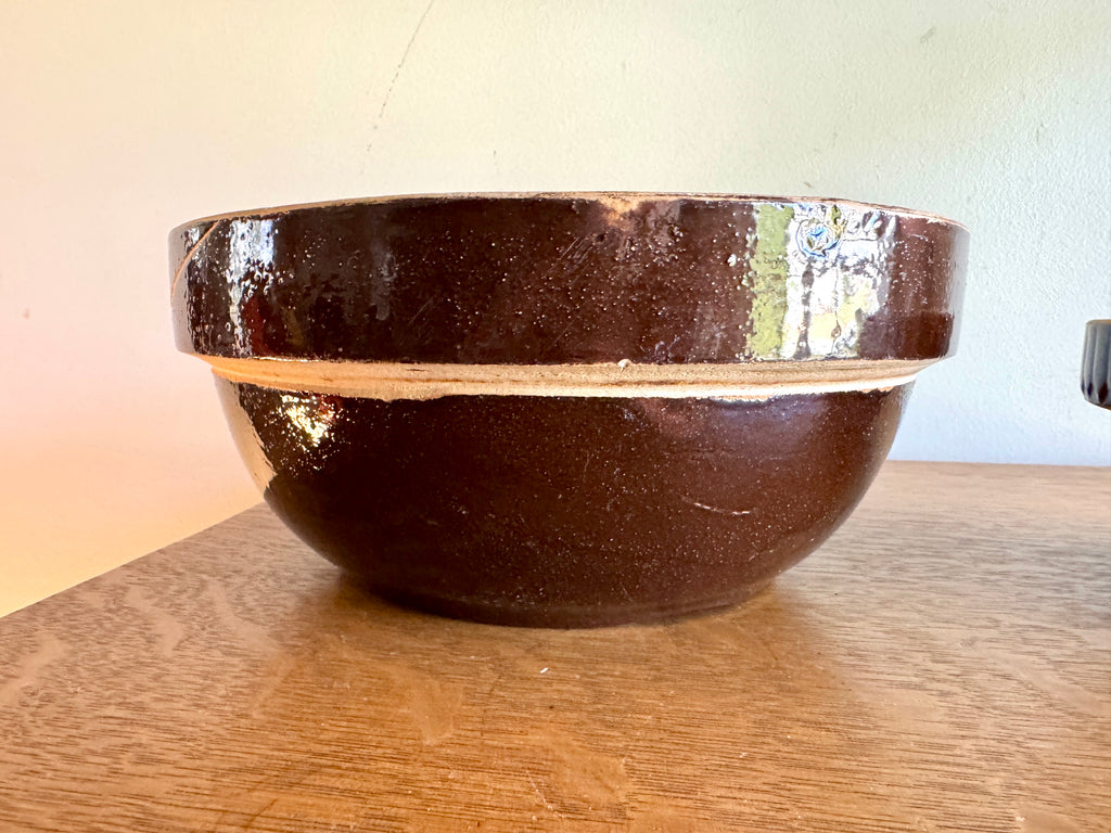 Antique Pair of Stoneware Mixing Bowls ~ Picket Fence Pattern Glazed Pottery Bowl