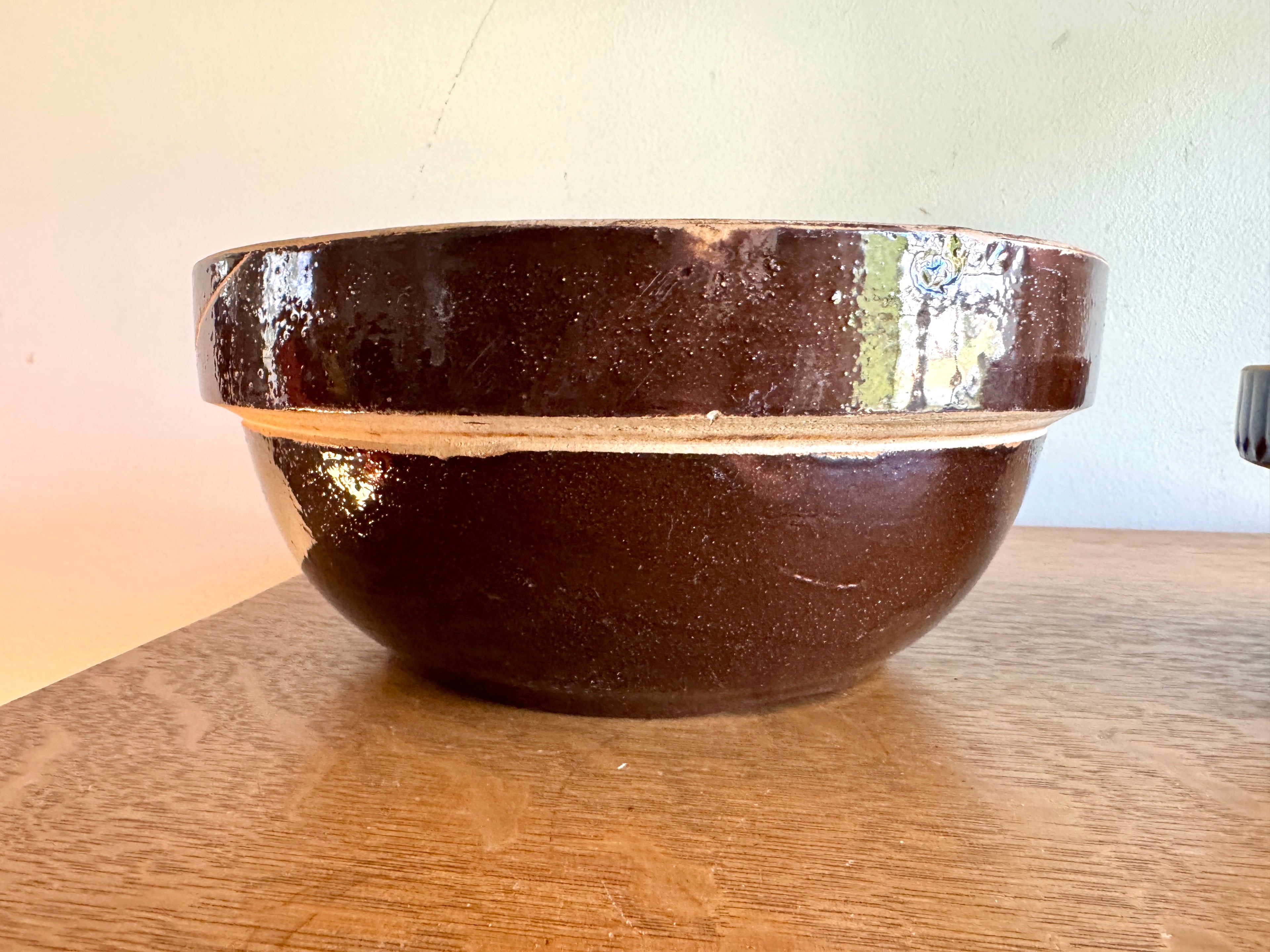 Antique Pair of Stoneware Mixing Bowls ~ Picket Fence Pattern Glazed Pottery Bowl