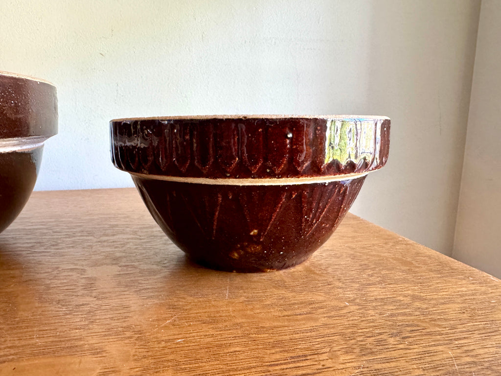 Antique Pair of Stoneware Mixing Bowls ~ Picket Fence Pattern Glazed Pottery Bowl