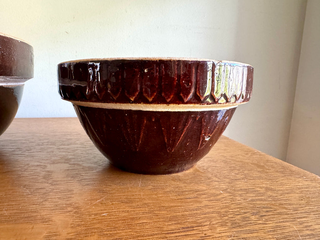 Antique Pair of Stoneware Mixing Bowls ~ Picket Fence Pattern Glazed Pottery Bowl