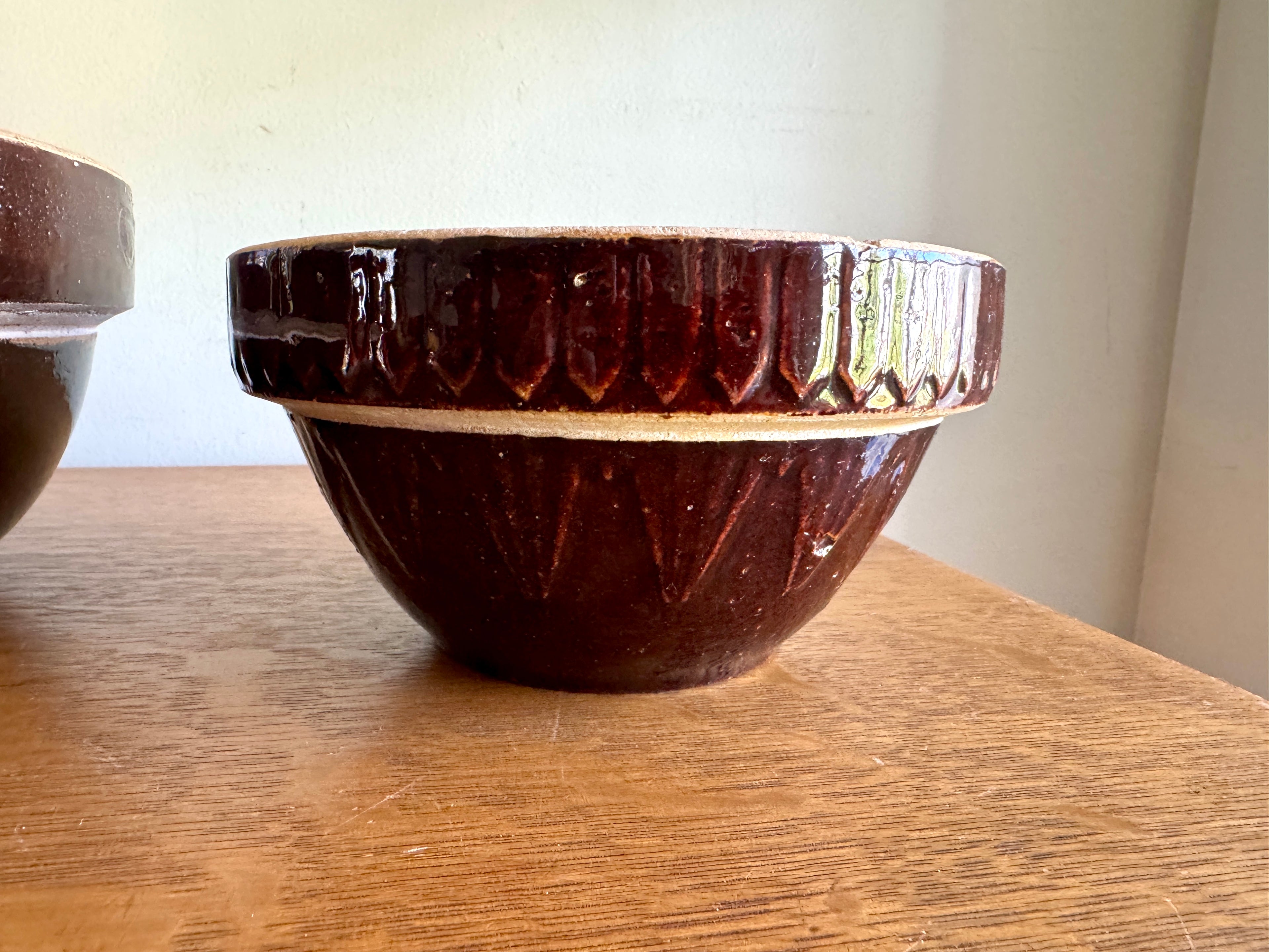 Antique Pair of Stoneware Mixing Bowls ~ Picket Fence Pattern Glazed Pottery Bowl