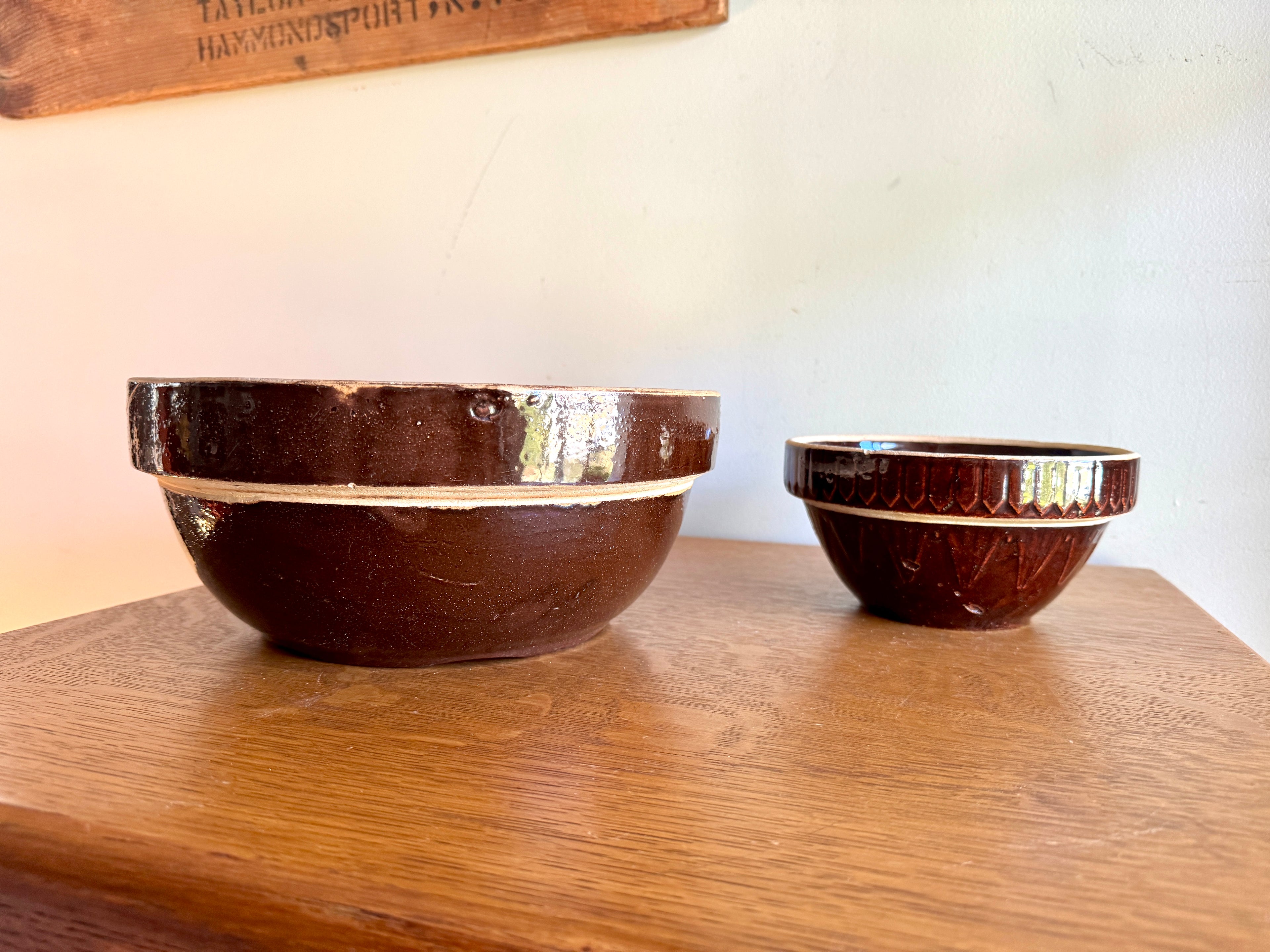 Antique Pair of Stoneware Mixing Bowls ~ Picket Fence Pattern Glazed Pottery Bowl