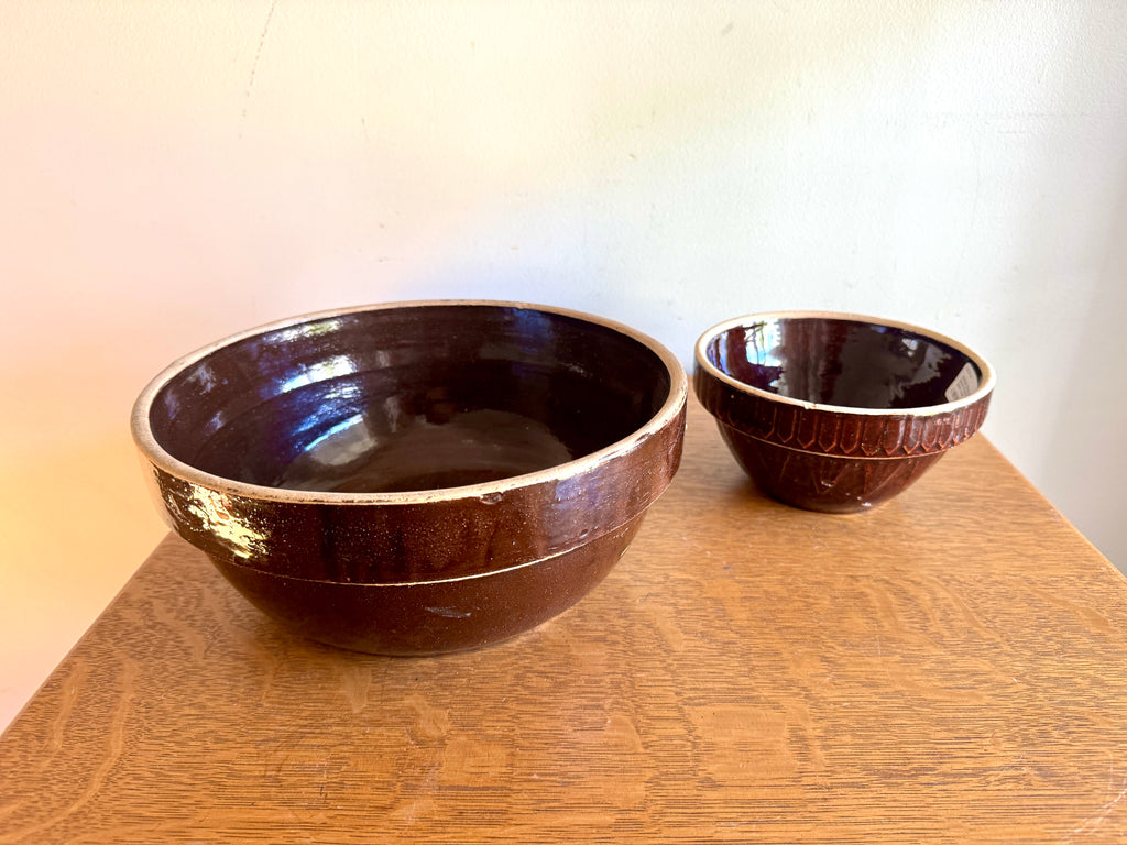 Antique Pair of Stoneware Mixing Bowls ~ Picket Fence Pattern Glazed Pottery Bowl