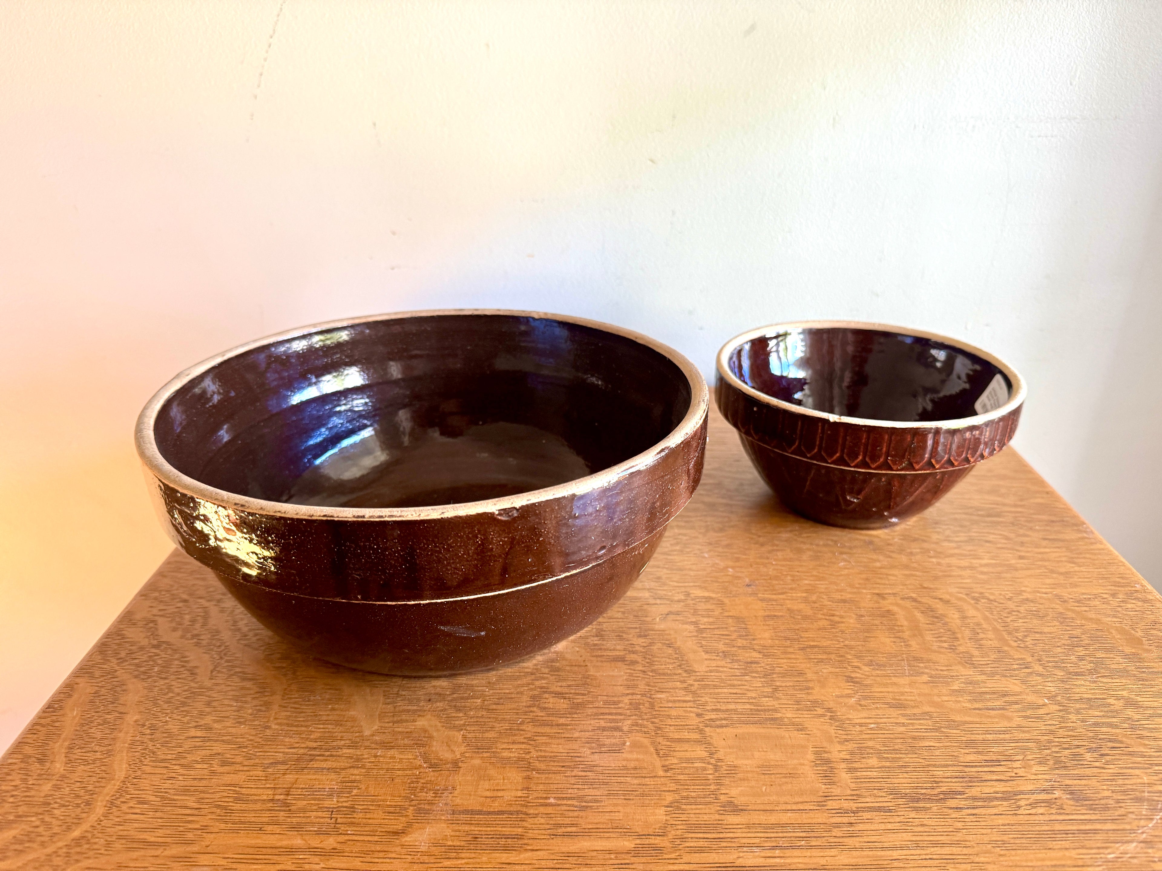 Antique Pair of Stoneware Mixing Bowls ~ Picket Fence Pattern Glazed Pottery Bowl