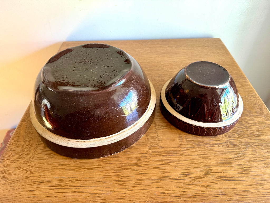 Antique Pair of Stoneware Mixing Bowls ~ Picket Fence Pattern Glazed Pottery Bowl