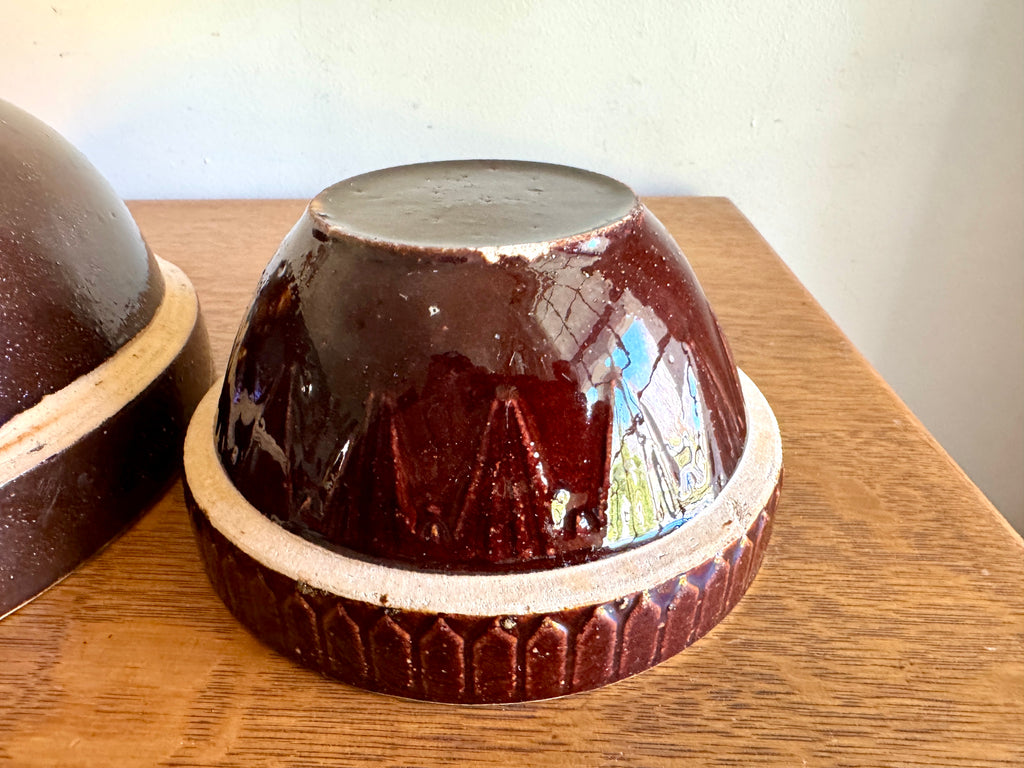 Antique Pair of Stoneware Mixing Bowls ~ Picket Fence Pattern Glazed Pottery Bowl