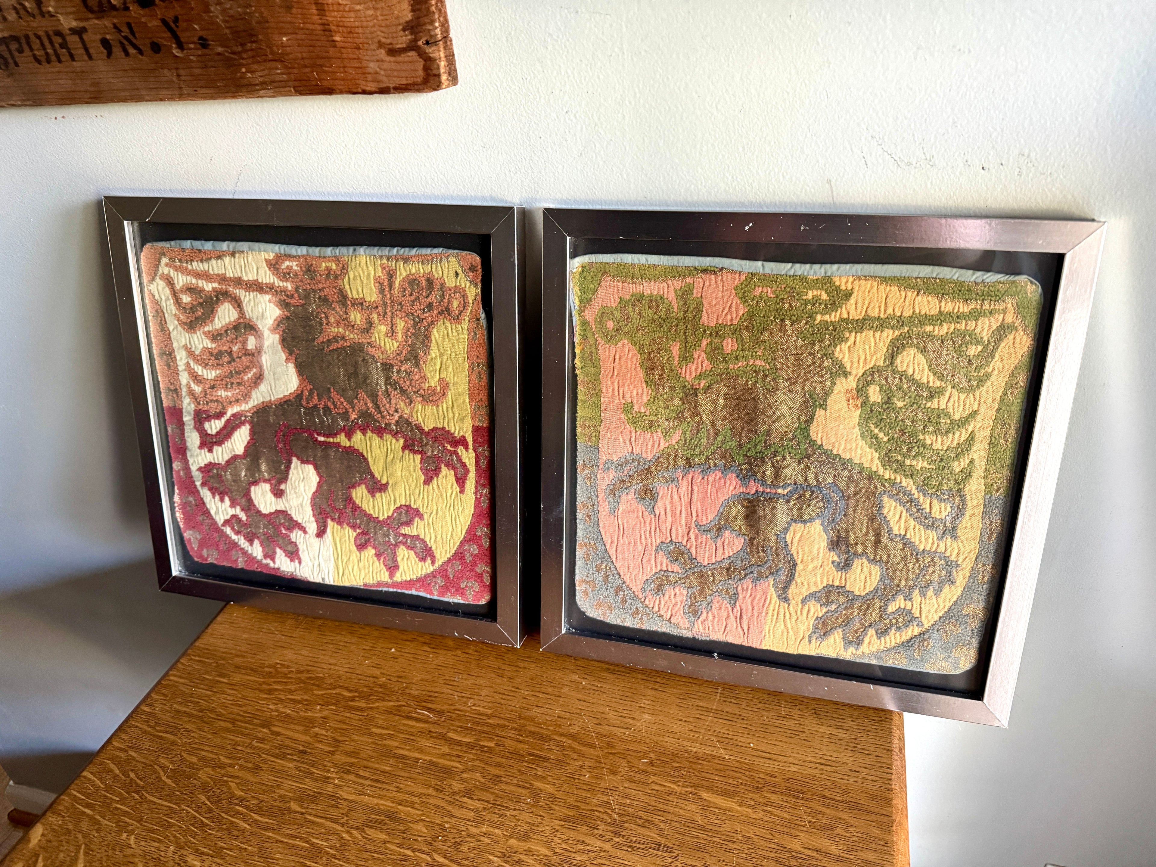 Vtg Pair of Framed Tapestry "Lion Rampant" Wall Hangings ~ Scottish Royal Arms Lion Tapestries